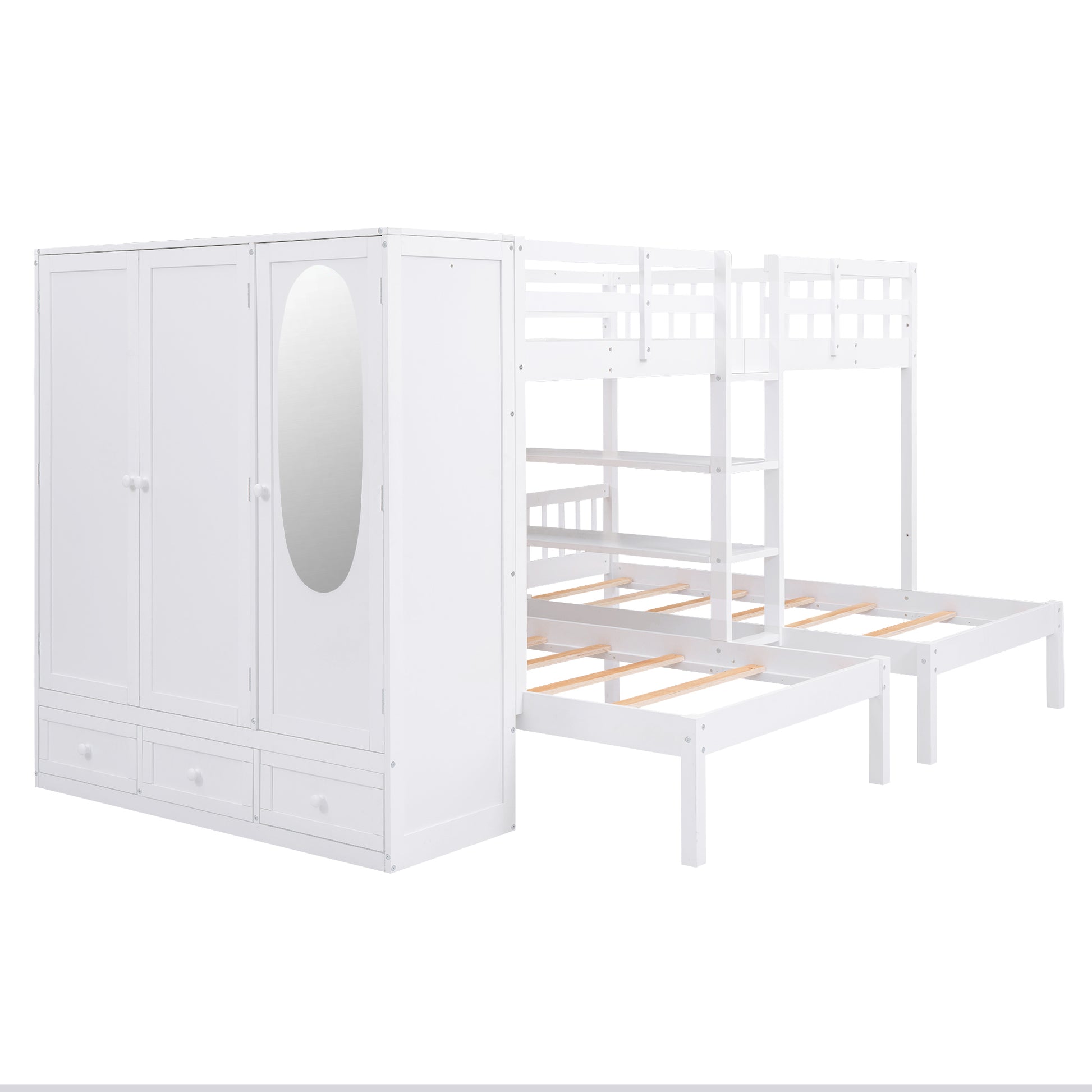 Full Over Twin Twin Bunk Bed With Shelves, Wardrobe And Mirror, White White Solid Wood Mdf