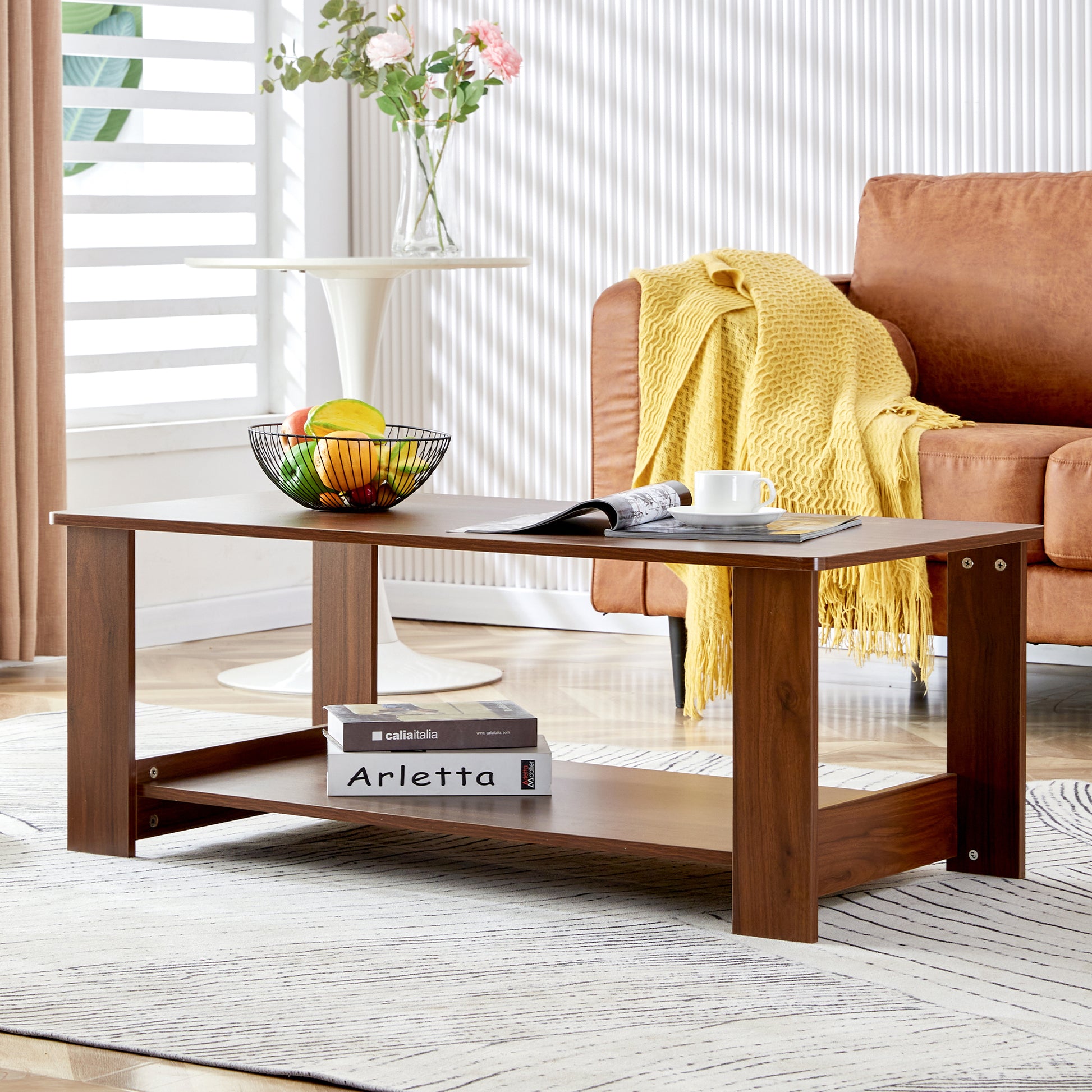 Modern And Practical Walnut Textured Coffee Tablestea Tables. The Double Layered Coffee Table Is Made Of Mdf Material. Suitable For Living Room 43.3"*21.6"*16.5" Ct 16 Walnut Mdf