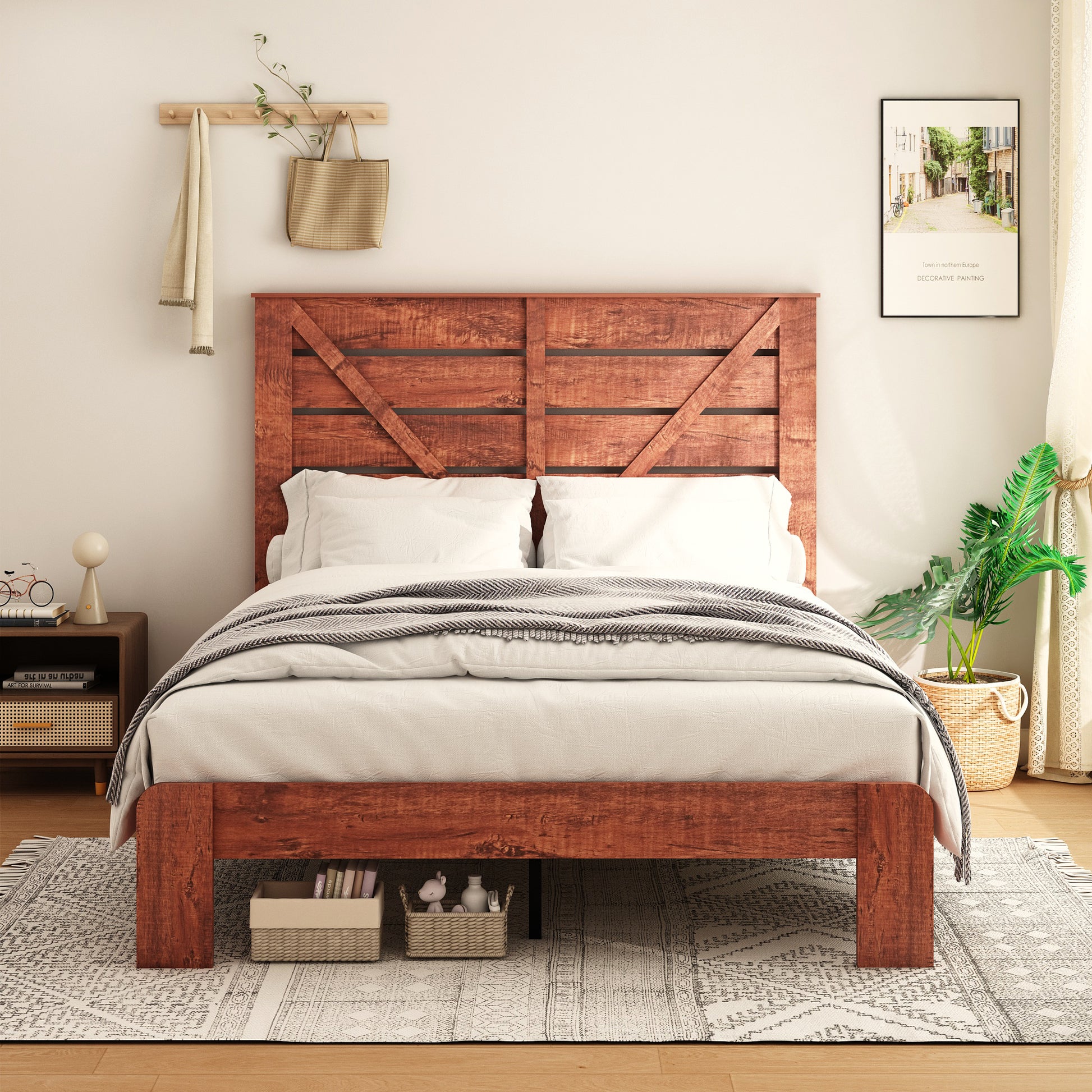 Queen Bed Frame Headboardwood Platform Bed Framenoise Free,No Box Spring Needed And Easy Assembly Tool,Large Under Bed Storage, Vintage Brown Box Spring Not Required Queen Dark Brown Bedroom Bed Frame Metal & Wood