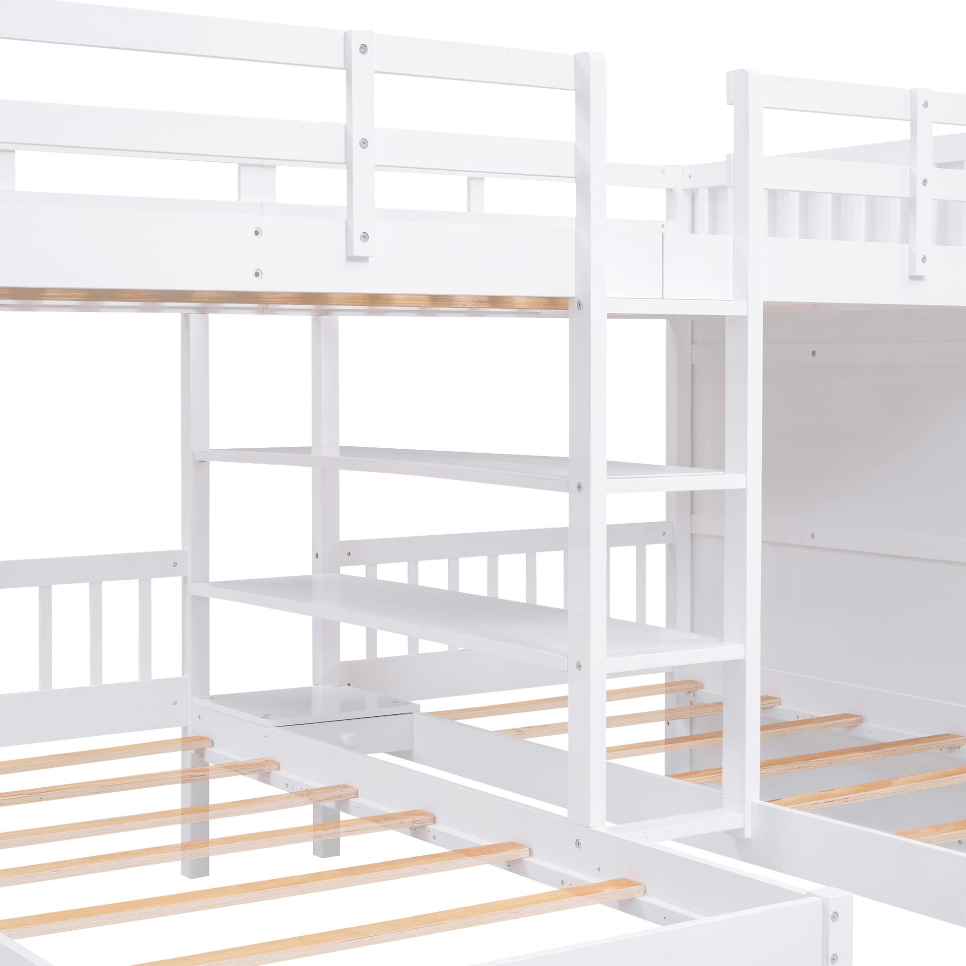 Full Over Twin Twin Bunk Bed With Shelves, Wardrobe And Mirror, White White Solid Wood Mdf