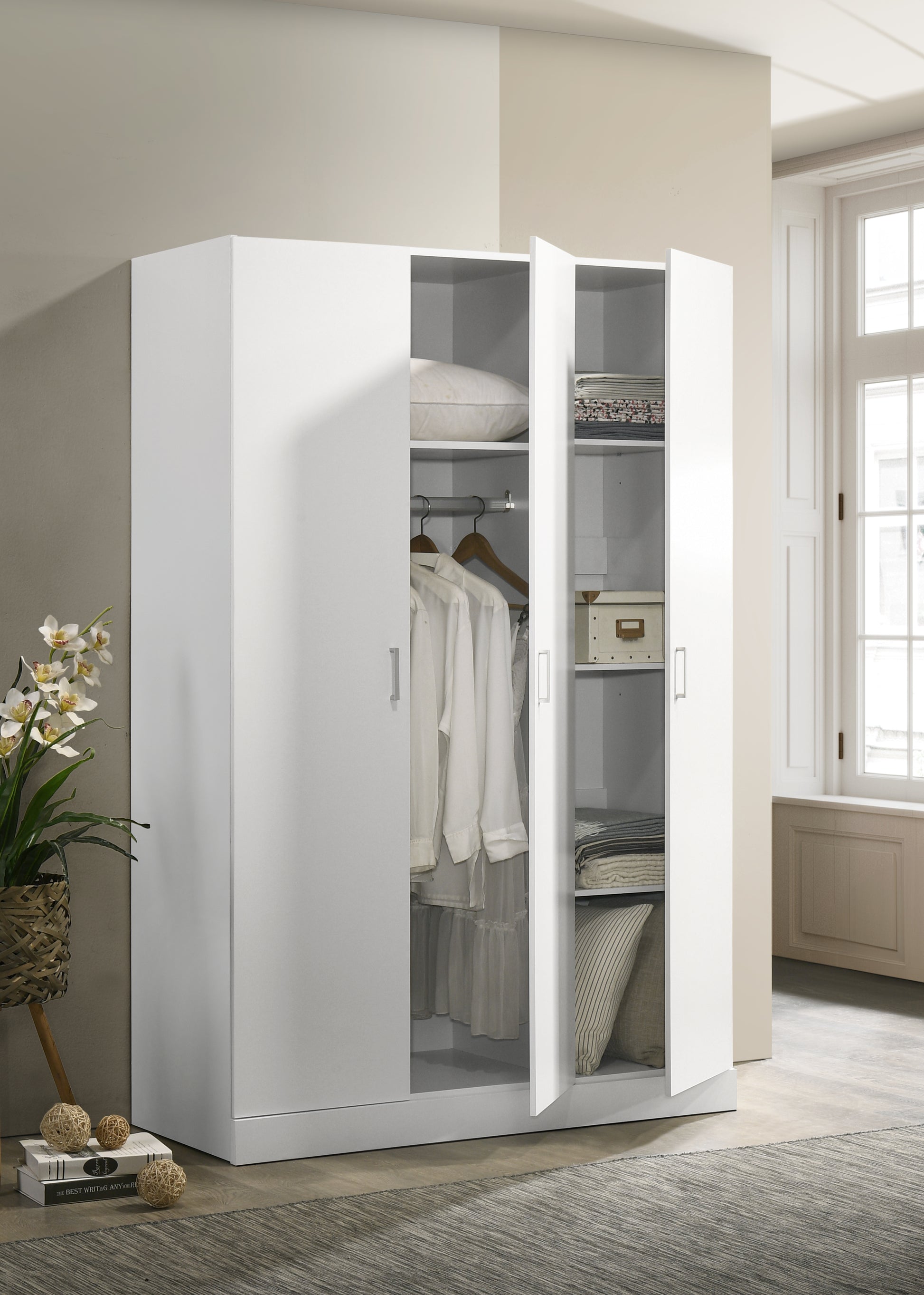 Declan 46" White 3 Door Wardrobe Cabinet Armoire With Storage Shelves And Hanging Rod White Wood