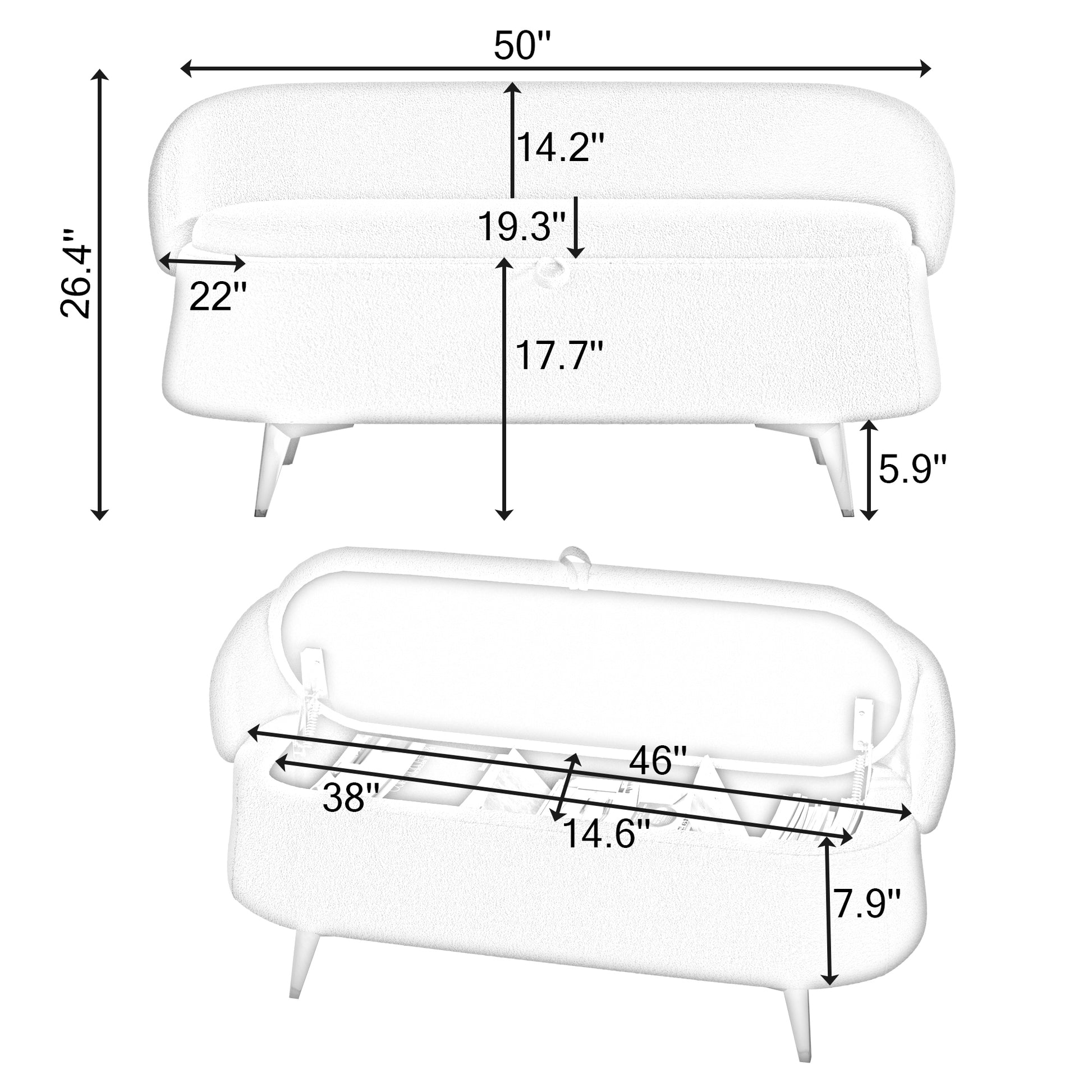 50 Inchesmulti Functional Long Rectangular Bed End Storage Sofa Stool Teddy Fleece Gray Polyester Blend