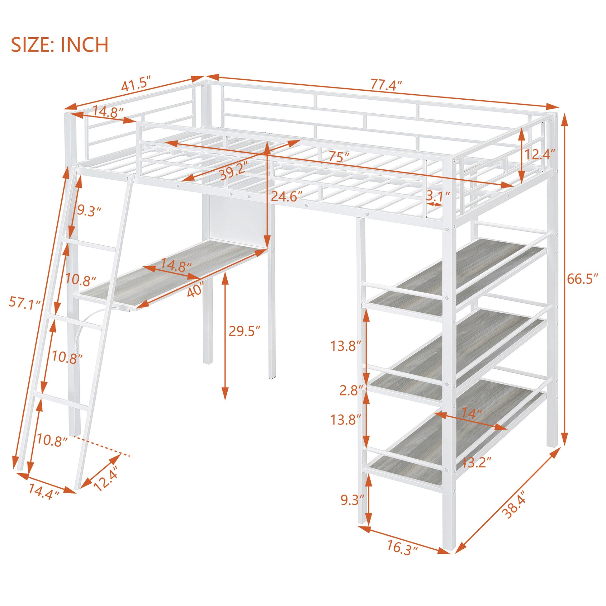 Twin Size Loft Metal Bed With 3 Layers Of Shelves And Desk, Stylish Metal Frame Bed With Whiteboard, White White Metal