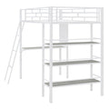 Twin Size Loft Metal Bed With 3 Layers Of Shelves And Desk, Stylish Metal Frame Bed With Whiteboard, White White Metal