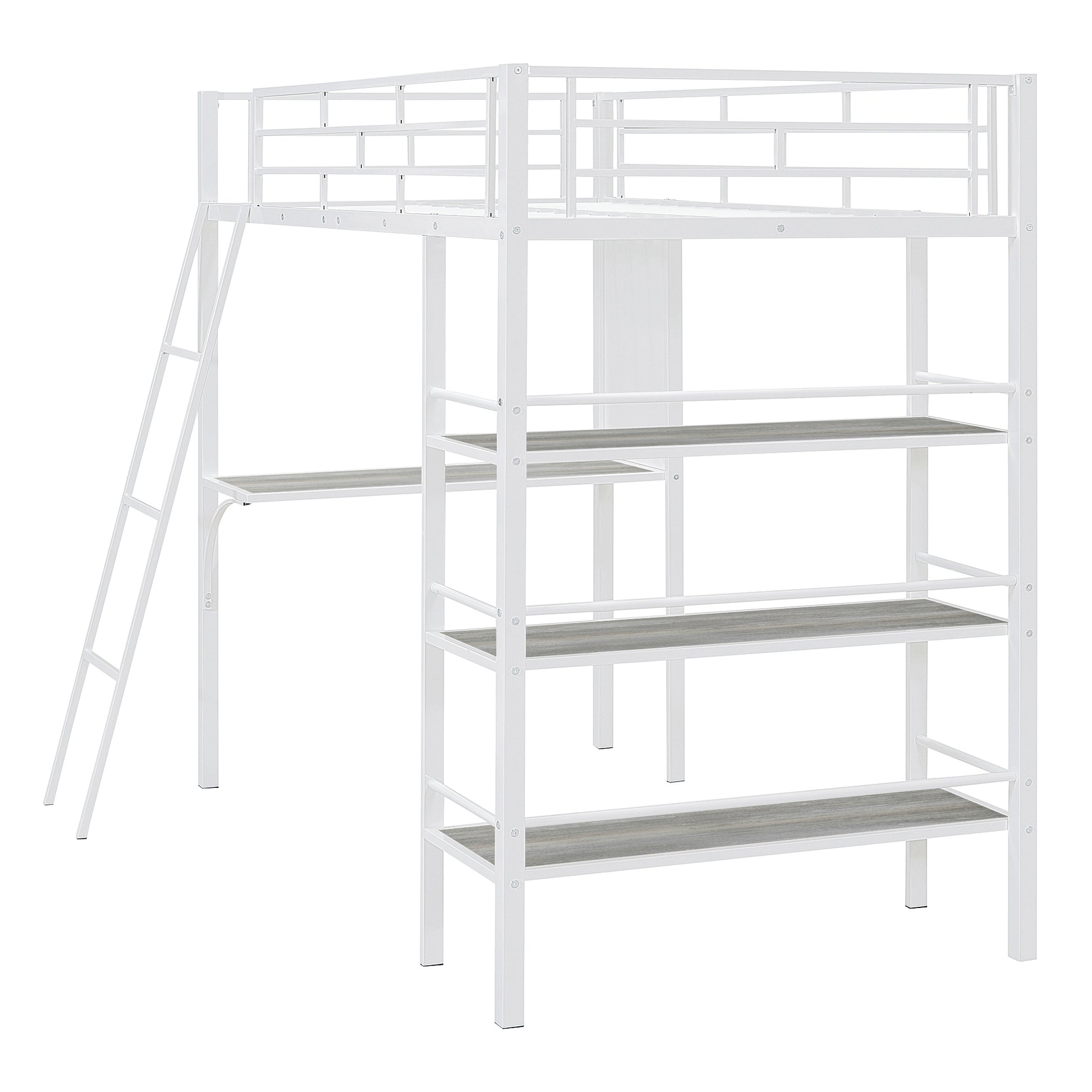 Twin Size Loft Metal Bed With 3 Layers Of Shelves And Desk, Stylish Metal Frame Bed With Whiteboard, White White Metal