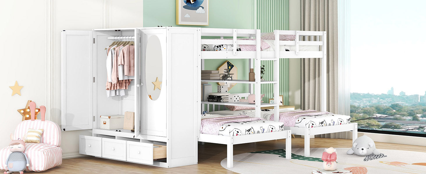 Full Over Twin Twin Bunk Bed With Shelves, Wardrobe And Mirror, White White Solid Wood Mdf