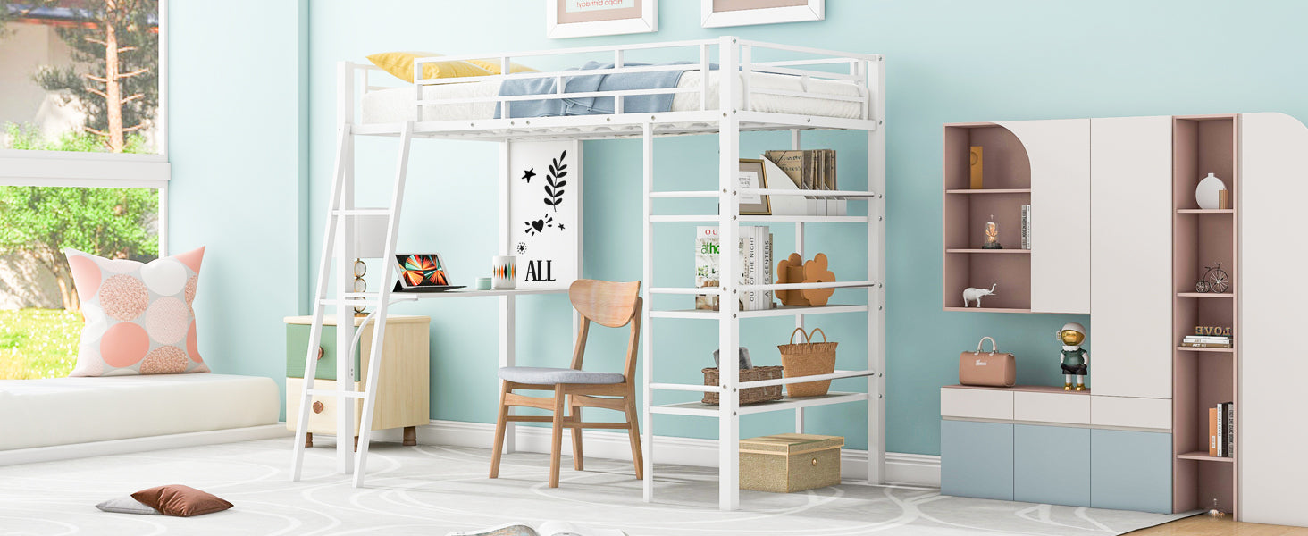 Twin Size Loft Metal Bed With 3 Layers Of Shelves And Desk, Stylish Metal Frame Bed With Whiteboard, White White Metal