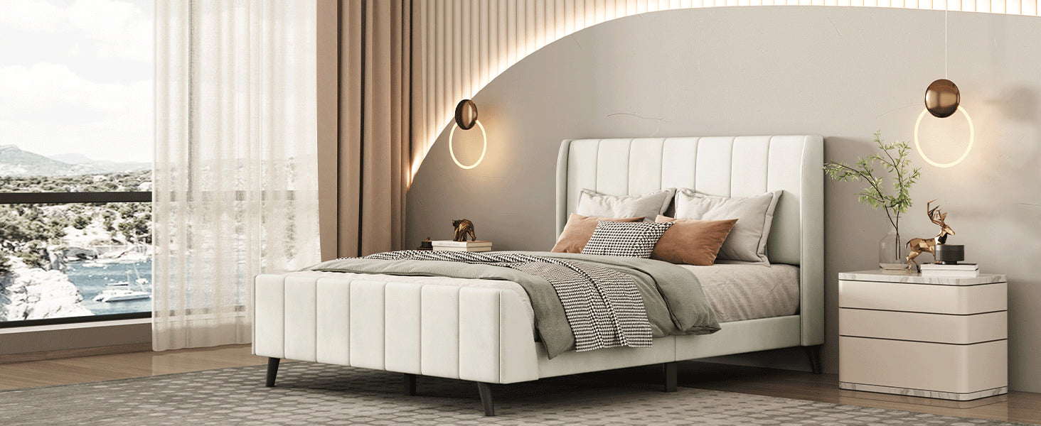Full Size Upholstered Platform Bed, Velvet, Beige Beige Upholstered