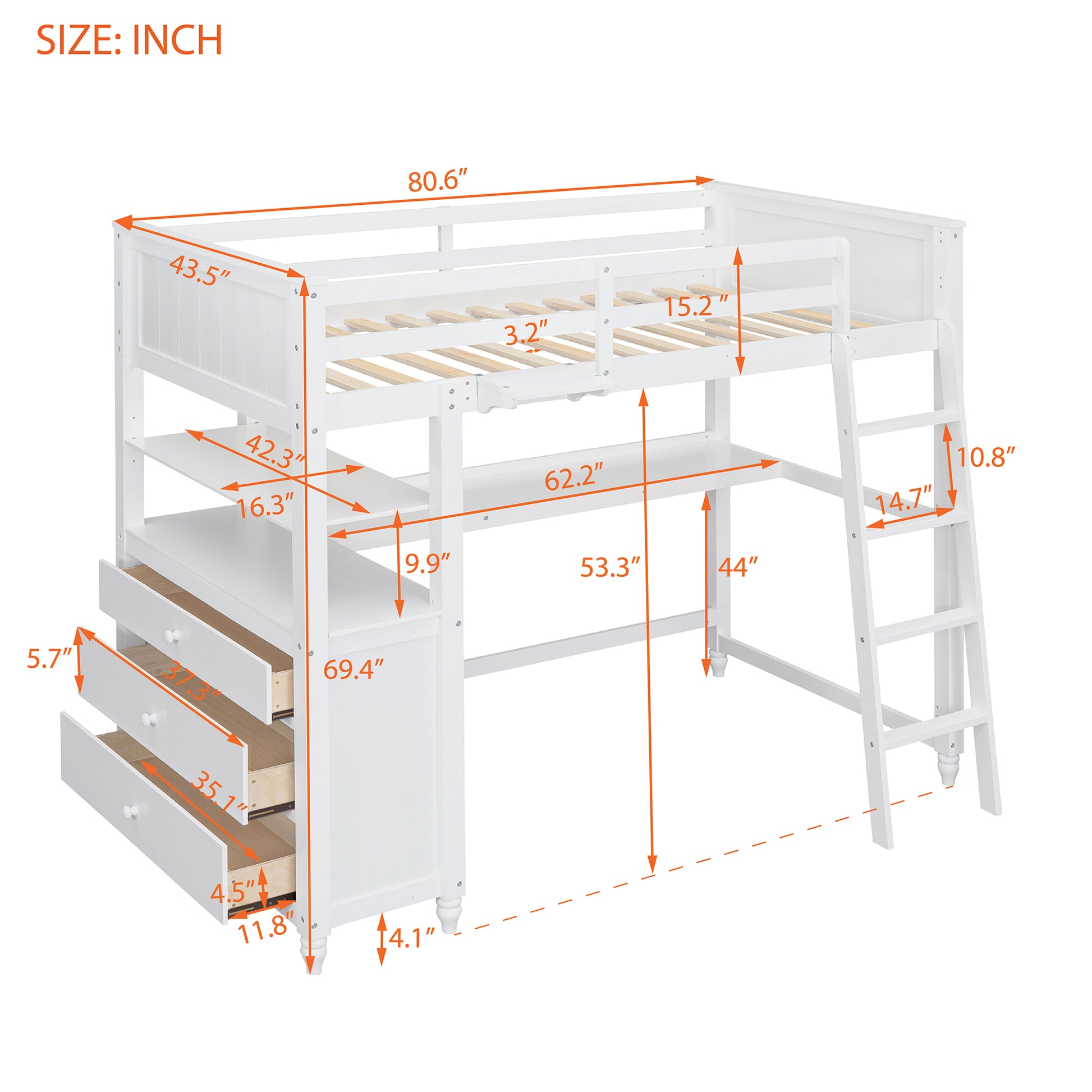 Twin Size Loft Bed With Drawers And Desk, Wooden Loft Bed With Shelves White Old Sku: Lt001530Aak White Solid Wood