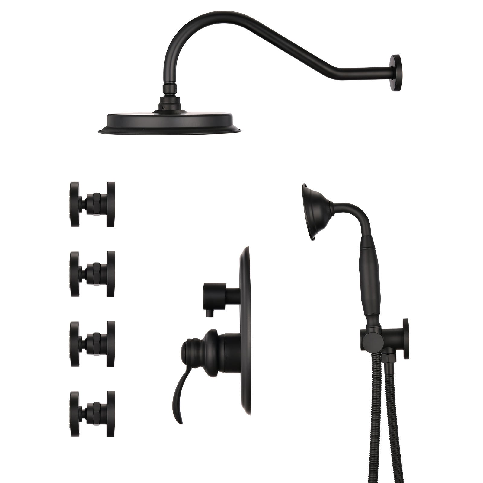 Single Handle 4 Spray Patterns Bathroom Rain Shower Faucet With Body Jet Handshower In Matte Black Valve Included Matte Black Brass