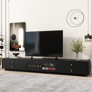 Luxurious Tv Stand With Fluted Glass Doors, Elegant And Functional Media Console For Tvs Up To 95'', Tempered Glass Shelf Tv Cabinet With Multiple Storage Options, Black Black Primary Living Space 90 Inches Or Larger Particle Board