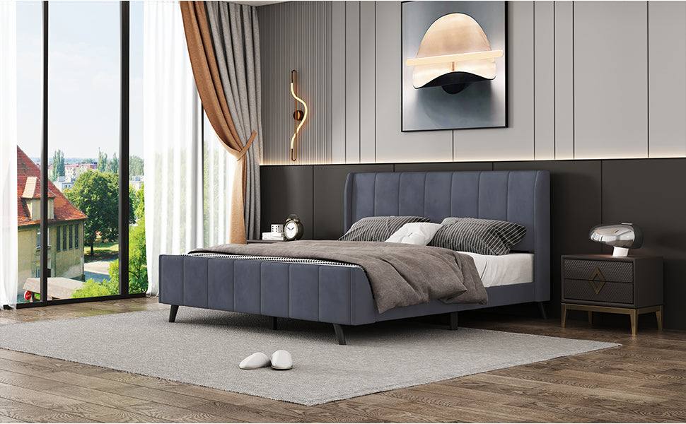 Queen Size Upholstered Platform Bed, Velvet, Gray Gray Upholstered