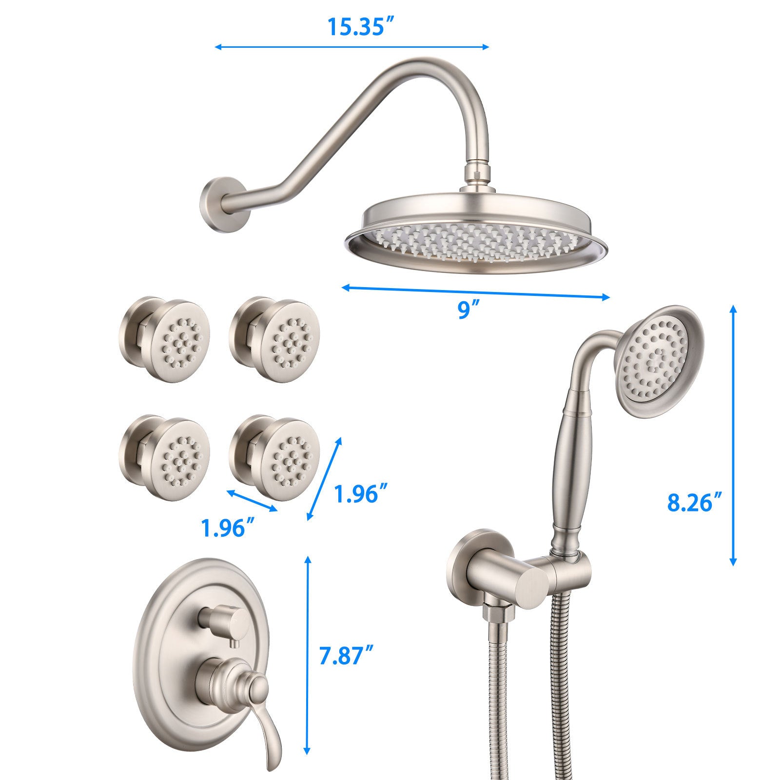 Single Handle 4 Spray Patterns Bathroom Rain Shower Faucet With Body Jet Handshower In Brushed Nickel Valve Included Brushed Nickel Brass