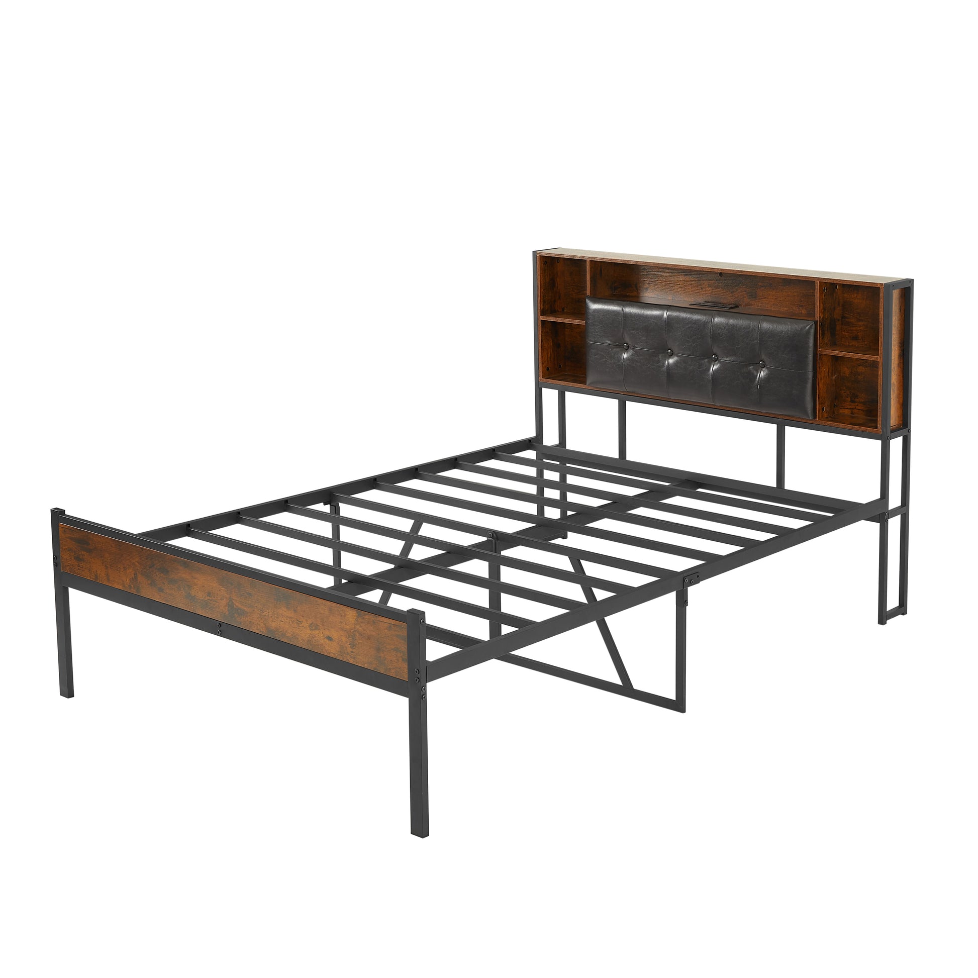 Bed Frame With Storage Headboard Usb Charging Station,Metal Platform Bed Frame Full Size No Box Spring Needed,Noise Free,Strong Steel Slats Support,Rustic Brown Rustic Brown Bedroom Mdf Steel