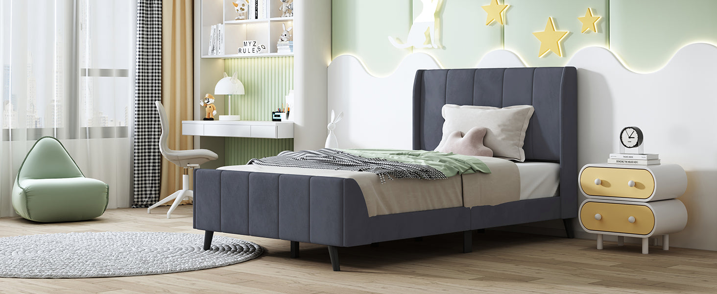 Twin Size Upholstered Platform Bed, Velvet, Gray Gray Upholstered