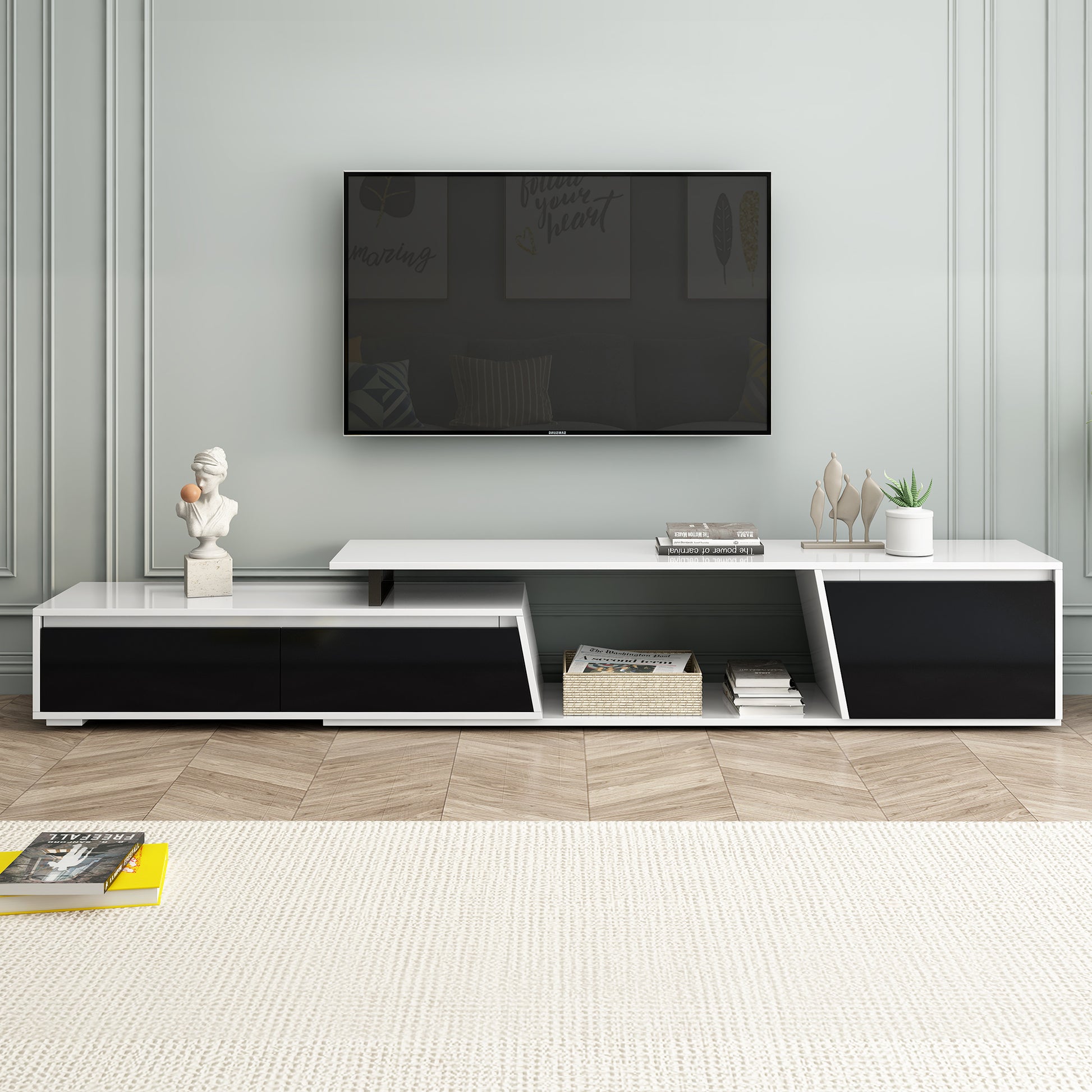 Modern, Minimalist Rectangle Extendable Tv Stand, Tv Cabinet With 2 Drawers And 1 Cabinet For Living Room, Up To 100'' White 90 Inches Or Larger Particle Board