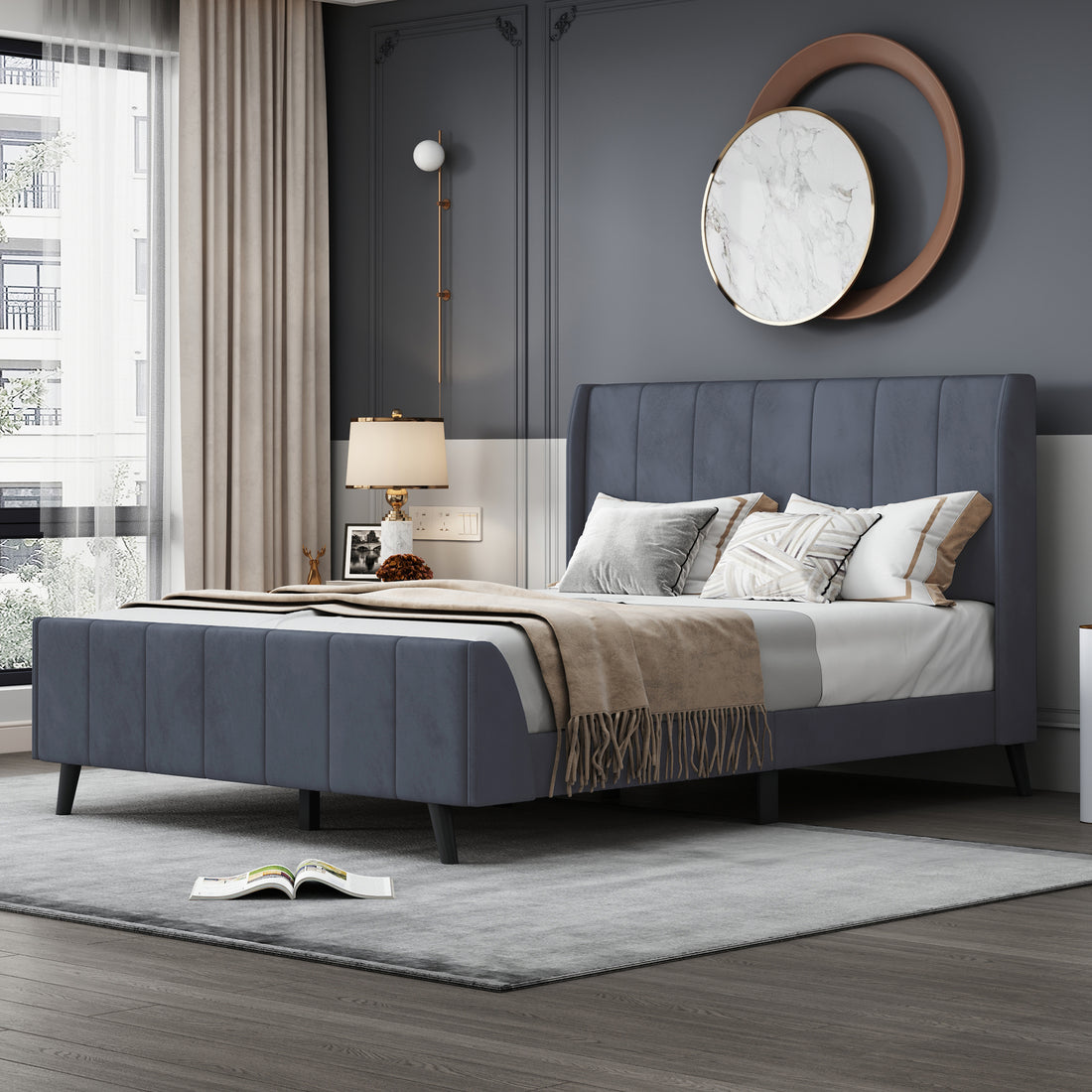 Full Size Upholstered Platform Bed, Velvet, Gray Gray Upholstered