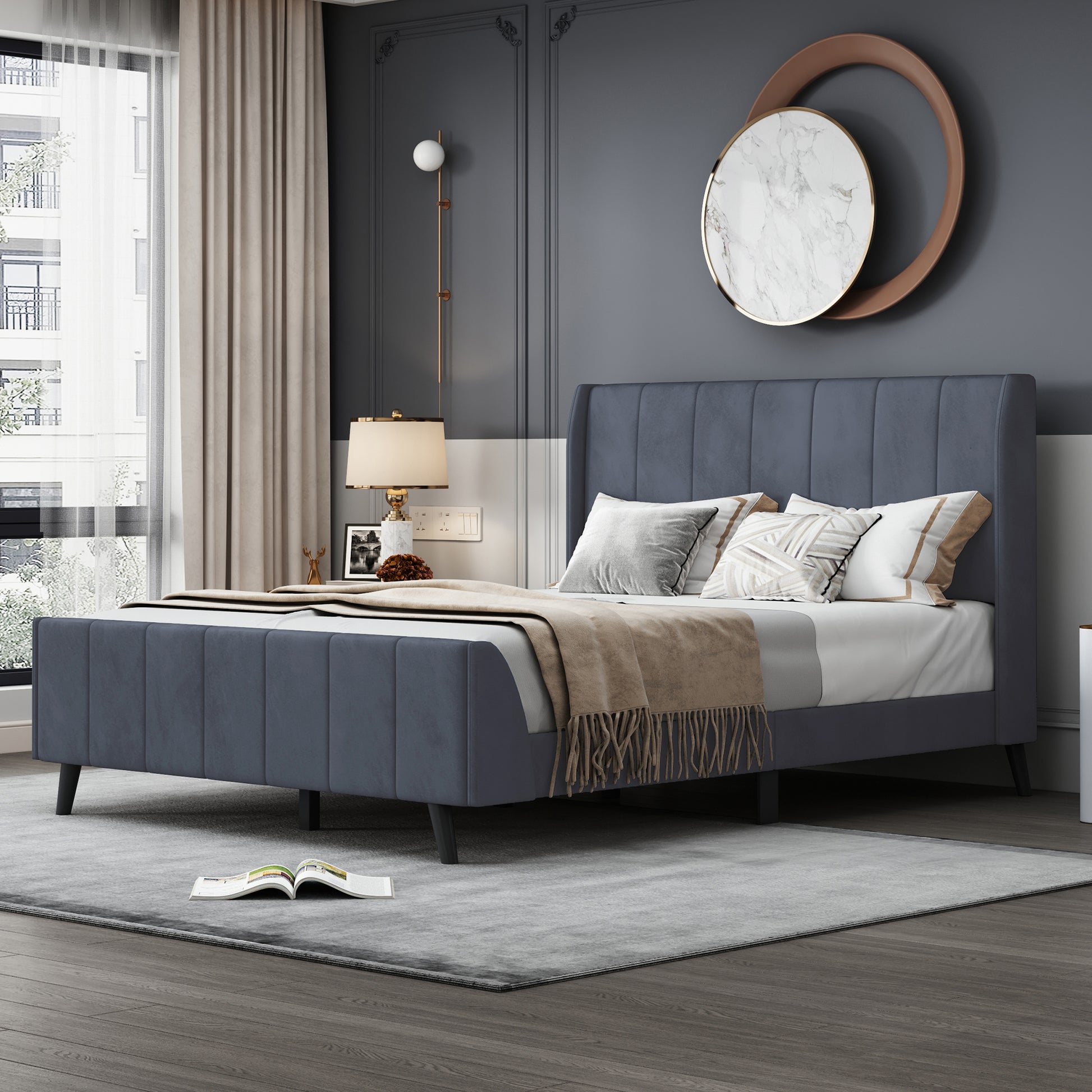 Full Size Upholstered Platform Bed, Velvet, Gray Gray Upholstered