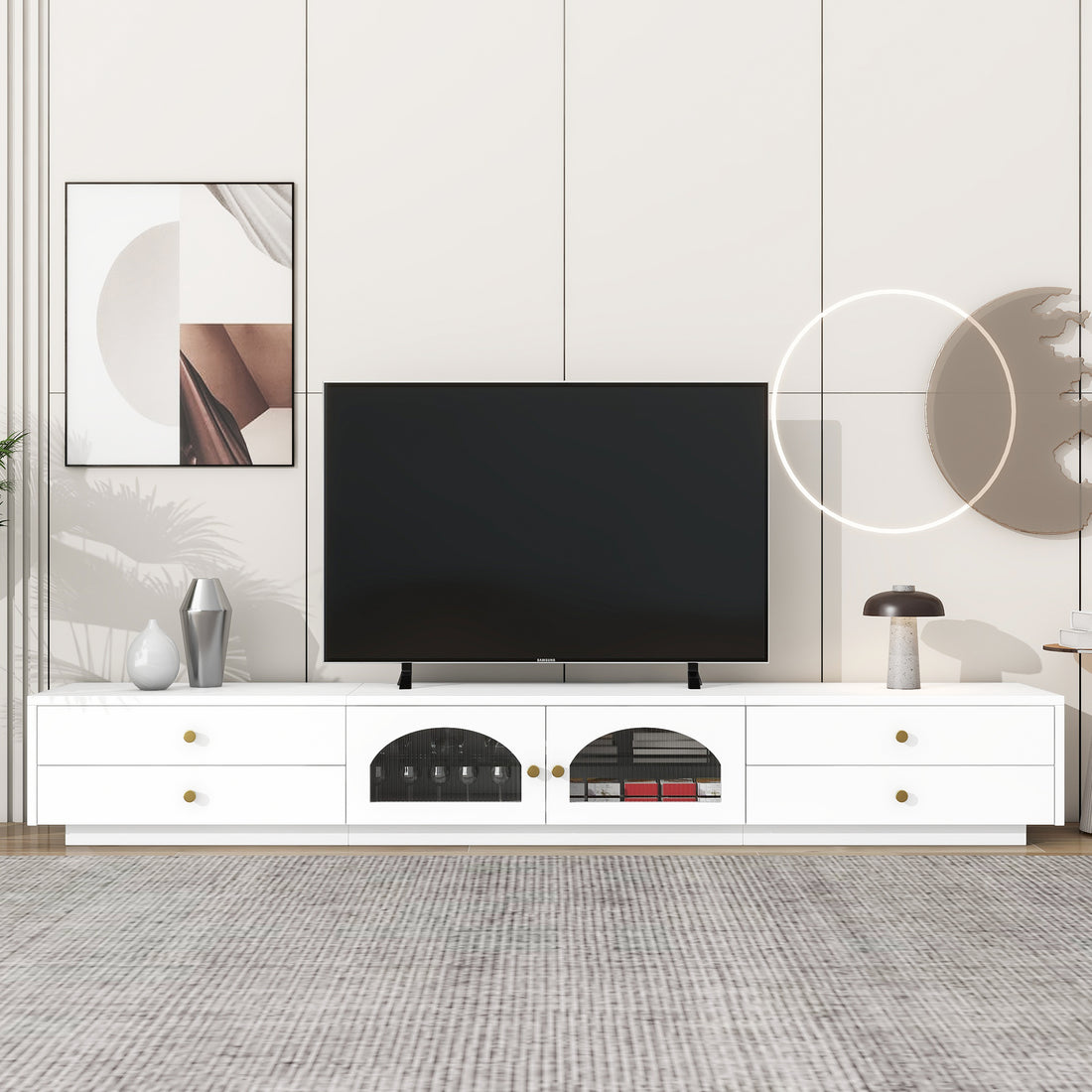 Luxurious Tv Stand With Fluted Glass Doors, Elegant And Functional Media Console For Tvs Up To 95'', Tempered Glass Shelf Tv Cabinet With Multiple Storage Options, White White Primary Living Space 90 Inches Or Larger Particle Board