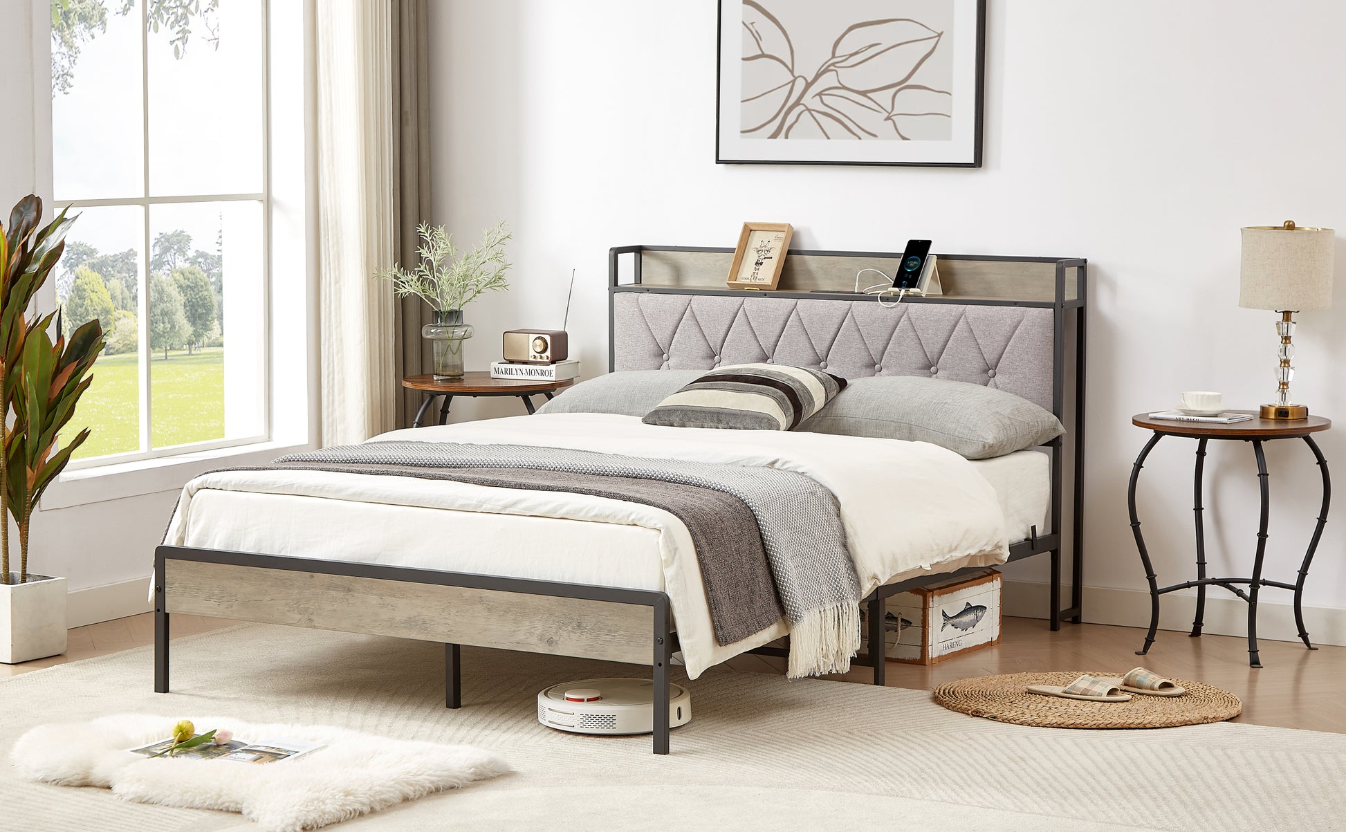 Bed Frame With Charging Station Full Size, Grey, 83.1'' L X 56.1'' W X 39.2'' H. Full Grey Particle Board