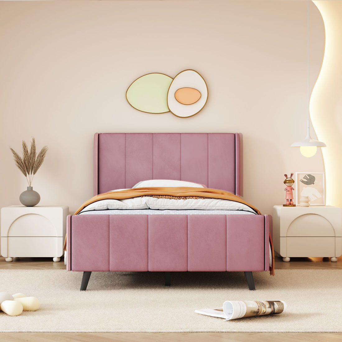 Twin Size Upholstered Platform Bed, Velvet, Pink Pink Upholstered