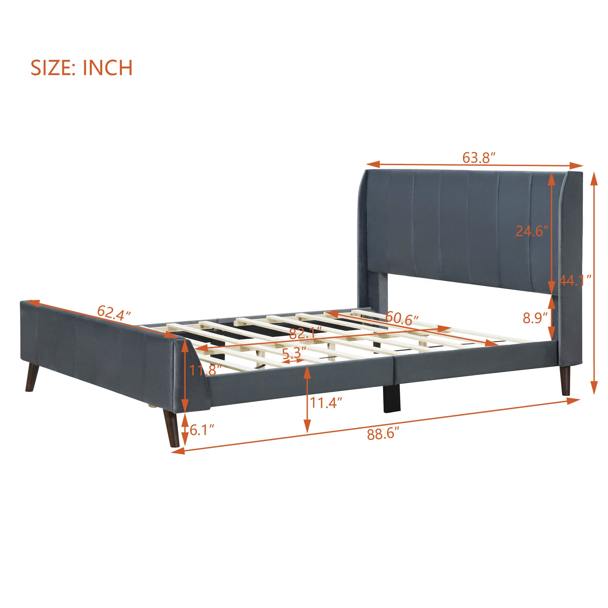 Queen Size Upholstered Platform Bed, Velvet, Gray Gray Upholstered