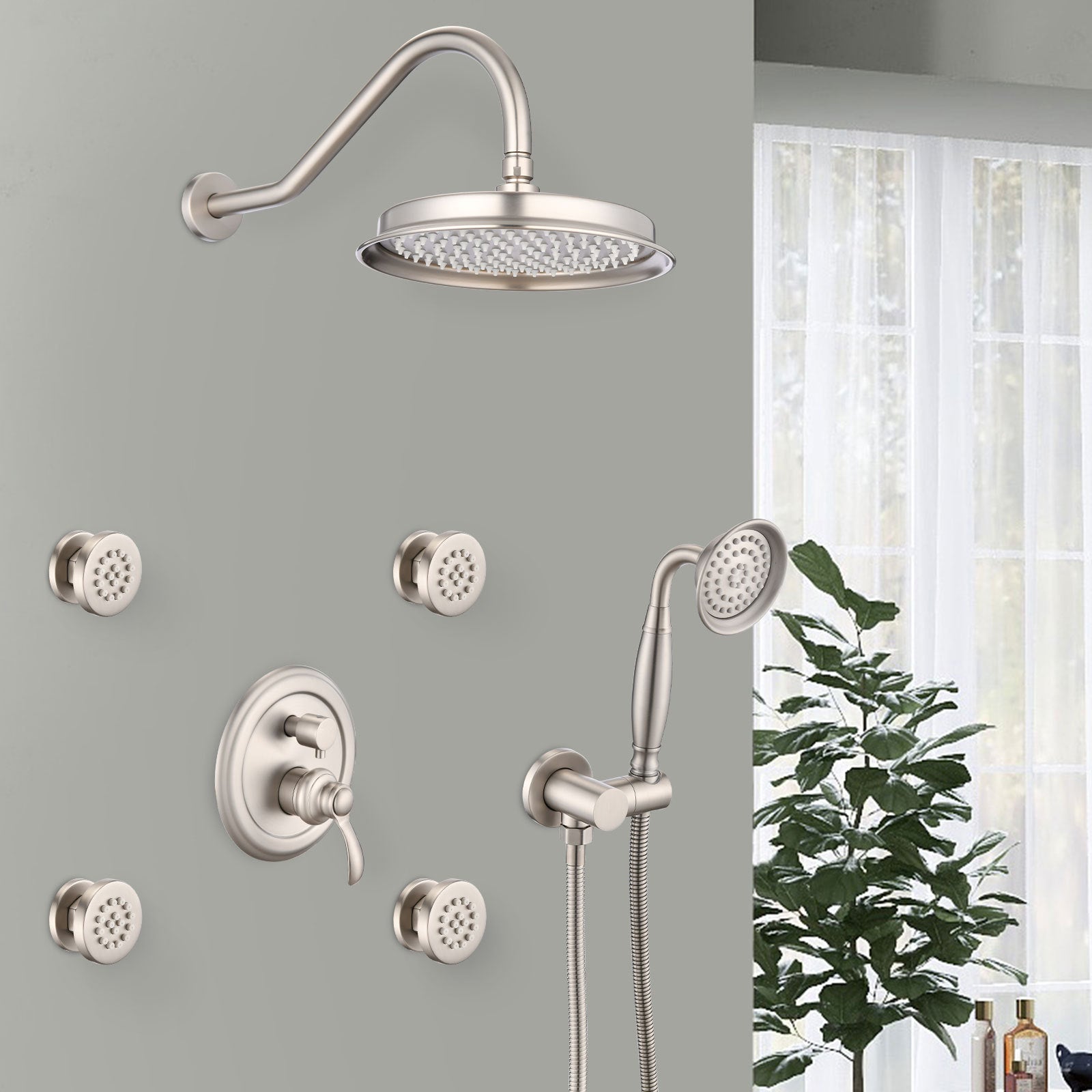 Single Handle 4 Spray Patterns Bathroom Rain Shower Faucet With Body Jet Handshower In Brushed Nickel Valve Included Brushed Nickel Brass