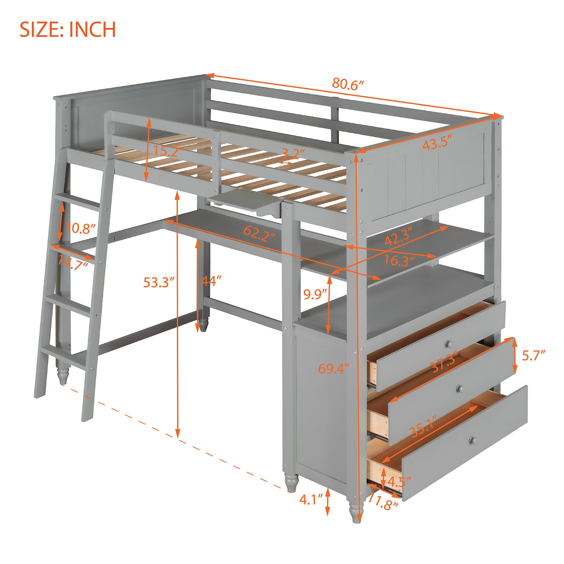 Twin Size Loft Bed With Drawers And Desk, Wooden Loft Bed With Shelves Gray Old Sku: Lt001530Aae Gray Solid Wood