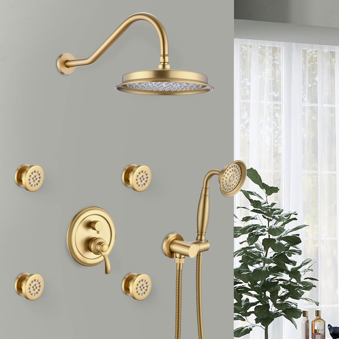 Single Handle 4 Spray Patterns Bathroom Rain Shower Faucet With Body Jet Handshower In Brushed Gold Valve Included Brushed Gold Brass