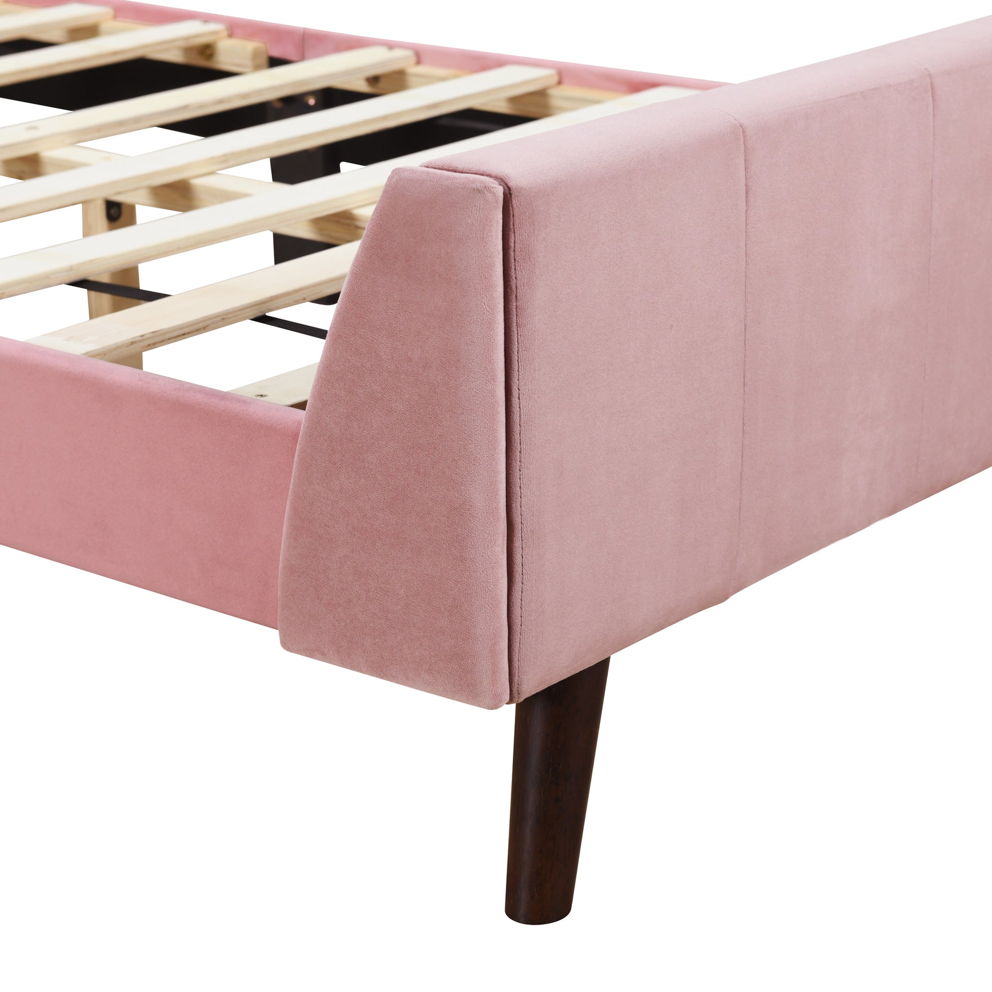 Twin Size Upholstered Platform Bed, Velvet, Pink Pink Upholstered