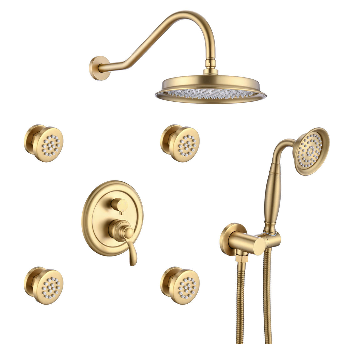 Single Handle 4 Spray Patterns Bathroom Rain Shower Faucet With Body Jet Handshower In Brushed Gold Valve Included Brushed Gold Brass