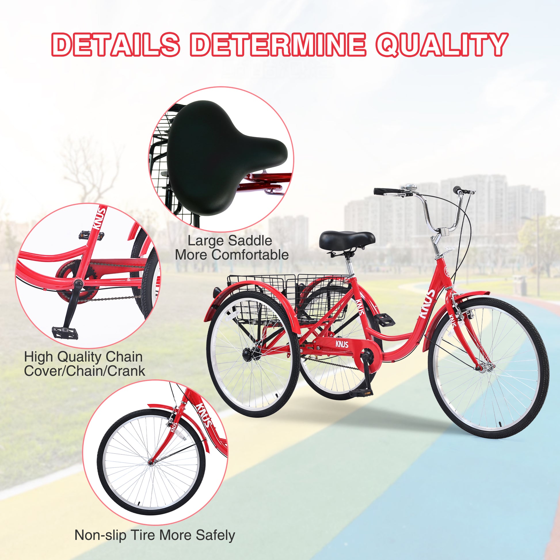 Adult Tricycle Trikes,3 Wheel Bikes,24 Inch Wheels Cruiser Bicycles With Large Shopping Basket For Women And Men Red Steel