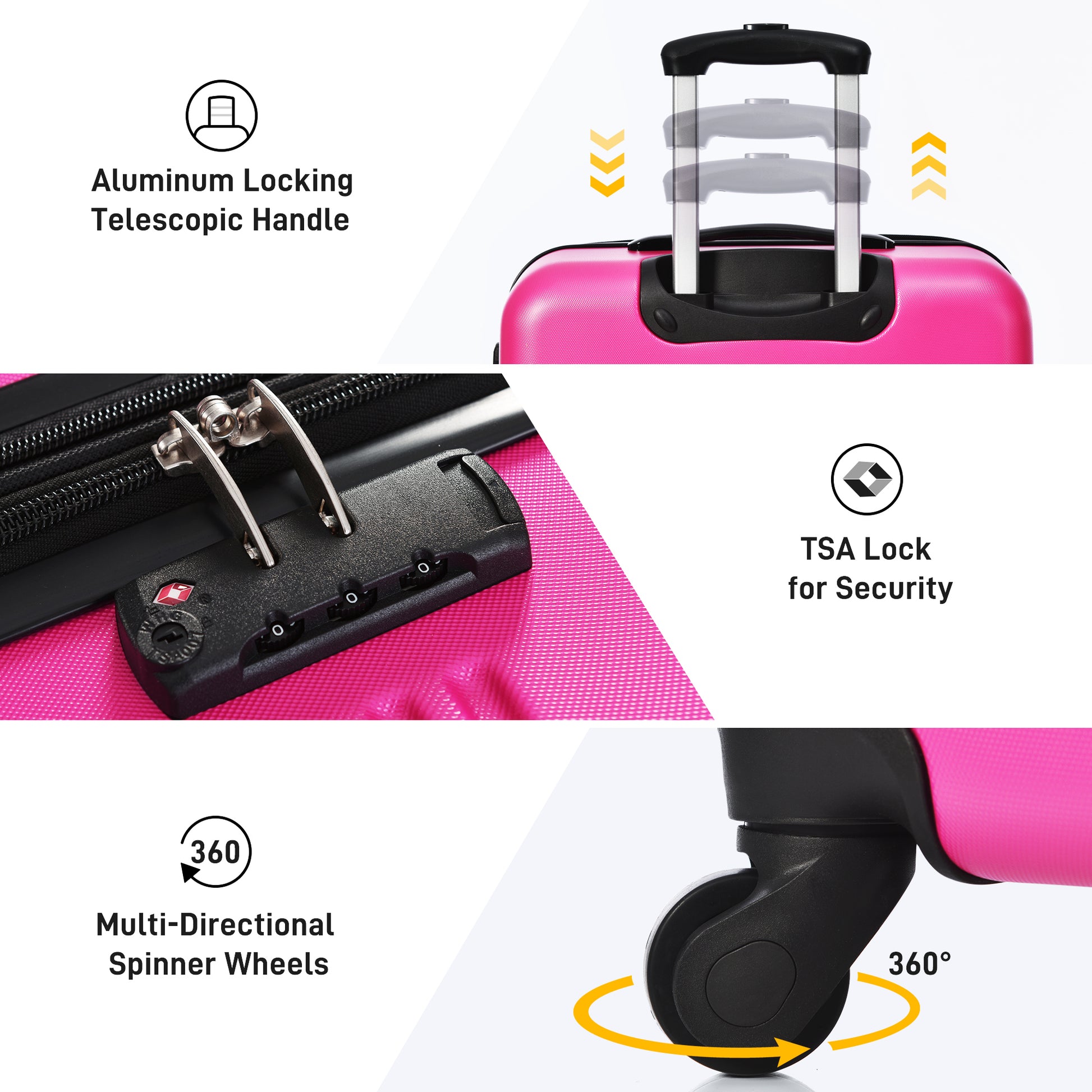 Hardshell Luggage Sets 24Inches Bag Spinner Suitcase With Tsa Lock Lightweight Pink Abs