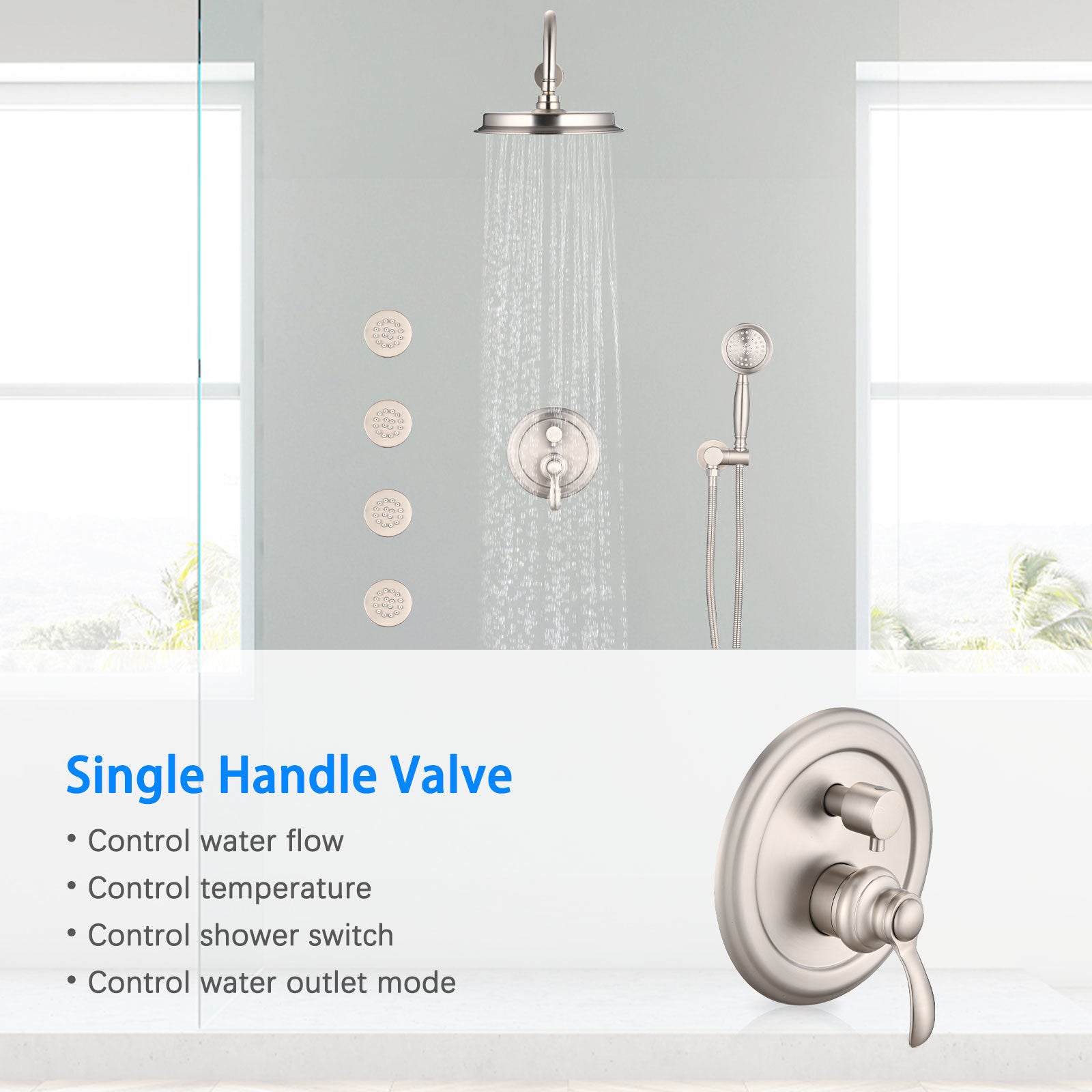 Single Handle 4 Spray Patterns Bathroom Rain Shower Faucet With Body Jet Handshower In Brushed Nickel Valve Included Brushed Nickel Brass