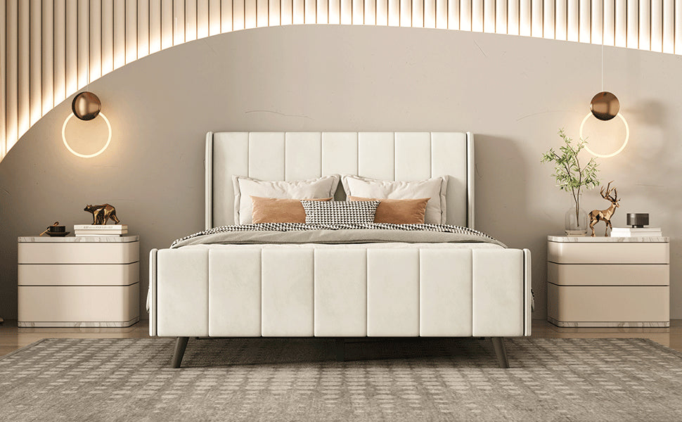 Full Size Upholstered Platform Bed, Velvet, Beige Beige Upholstered