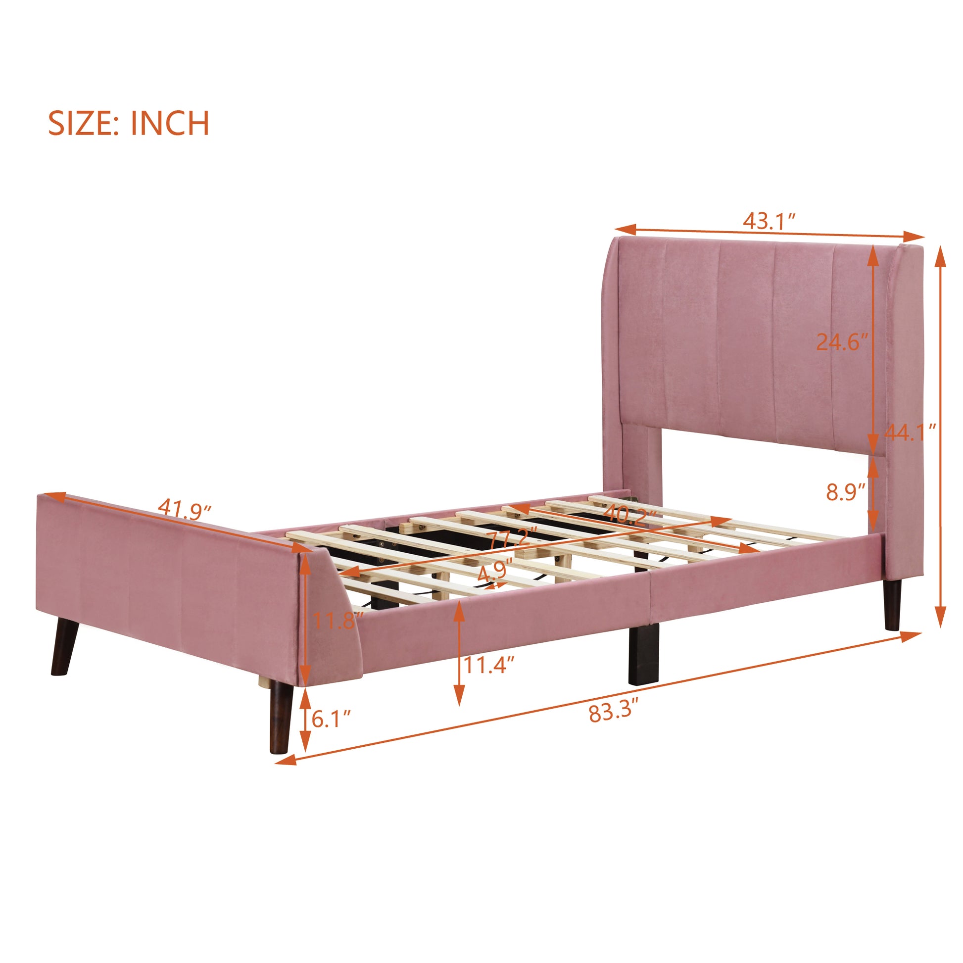 Twin Size Upholstered Platform Bed, Velvet, Pink Pink Upholstered