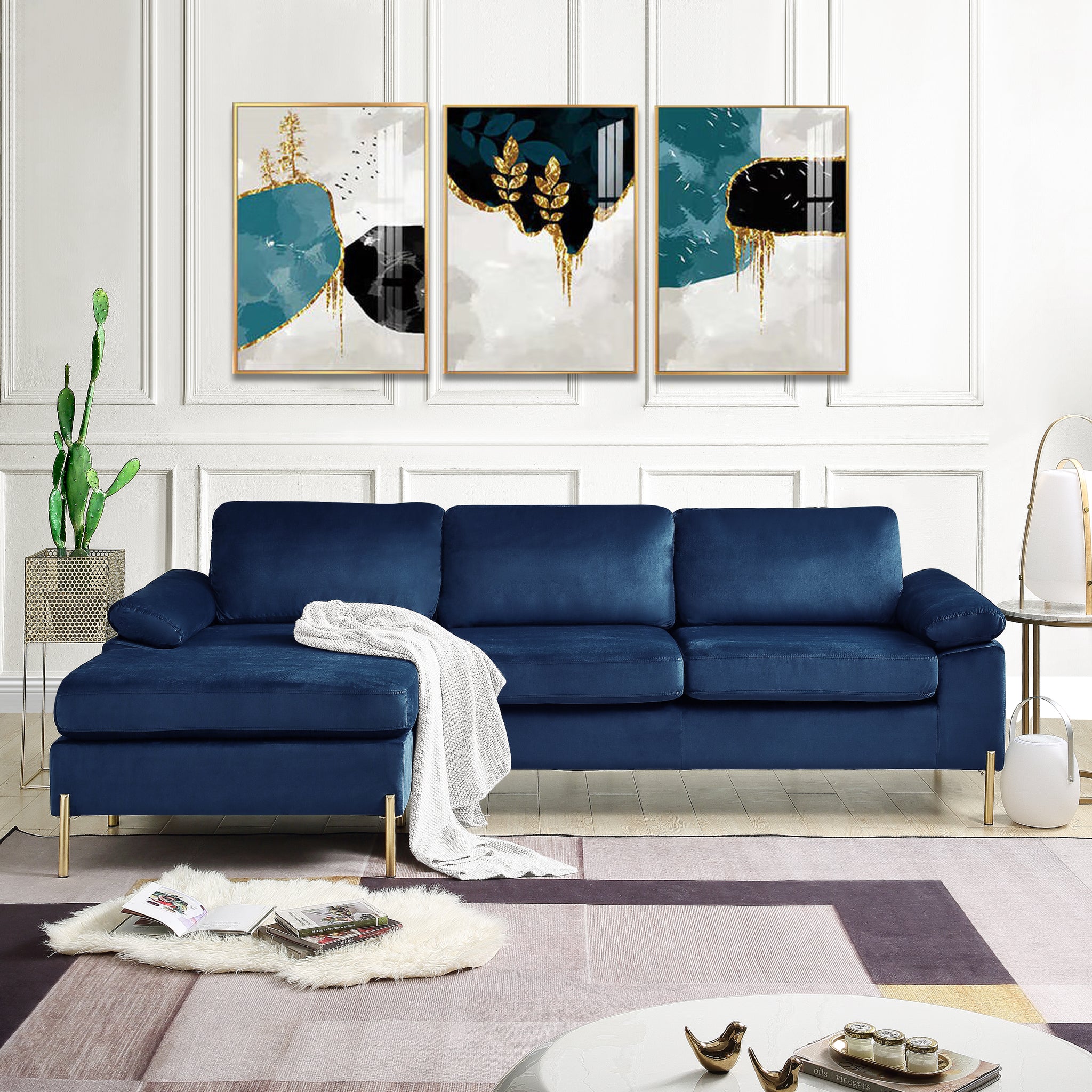 Shannon Velvet Sectional Sofa With Chaise Blue Foam Velvet