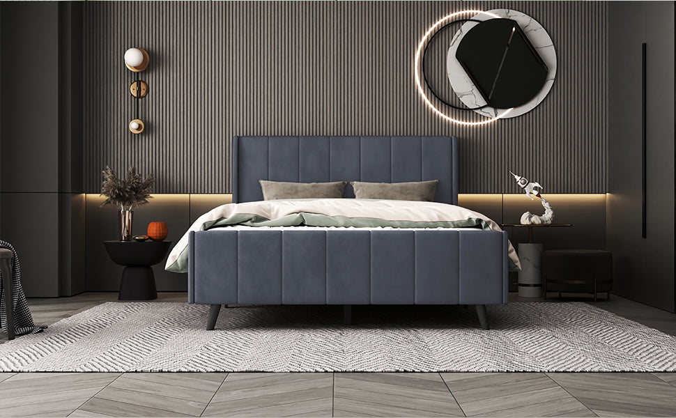 Full Size Upholstered Platform Bed, Velvet, Gray Gray Upholstered