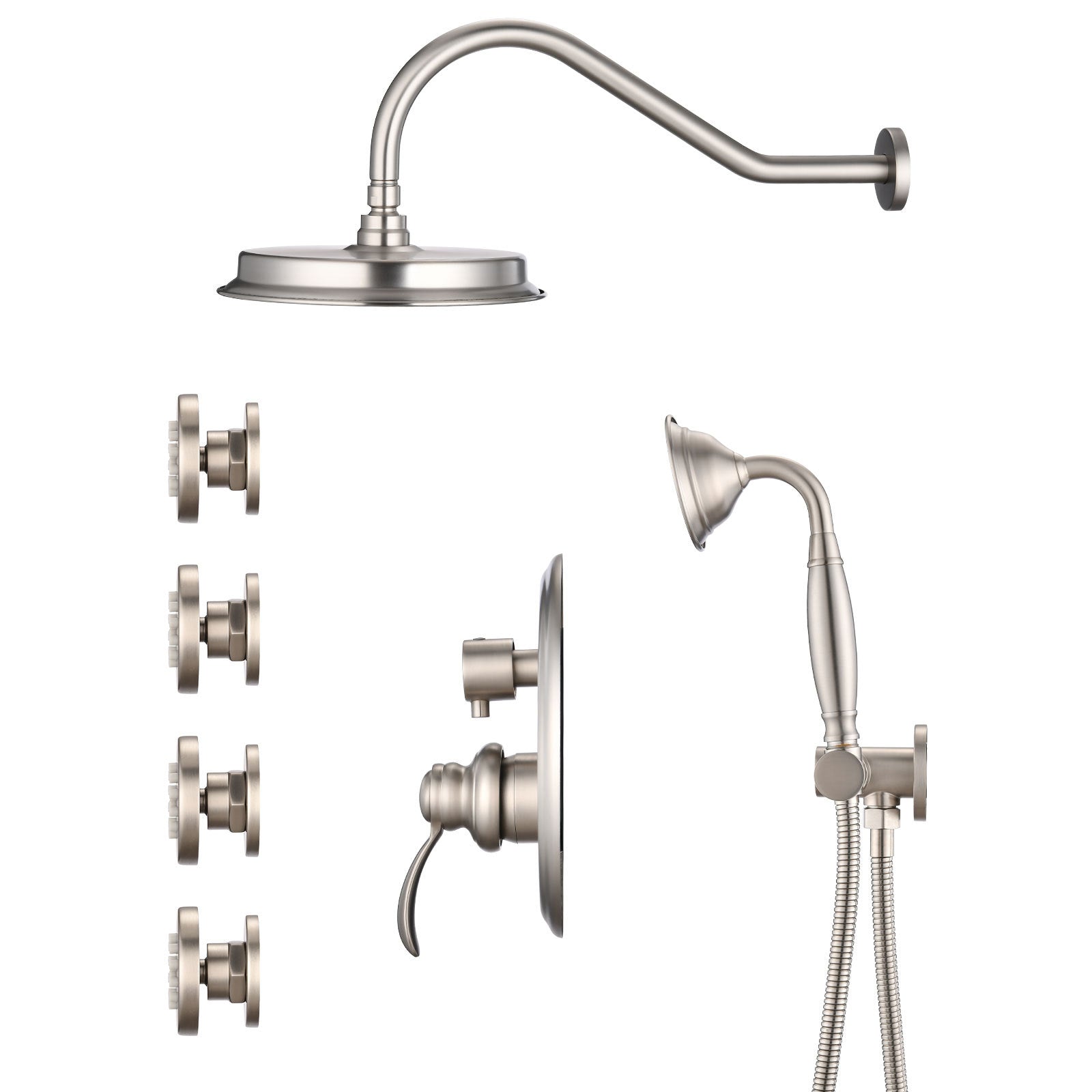 Single Handle 4 Spray Patterns Bathroom Rain Shower Faucet With Body Jet Handshower In Brushed Nickel Valve Included Brushed Nickel Brass