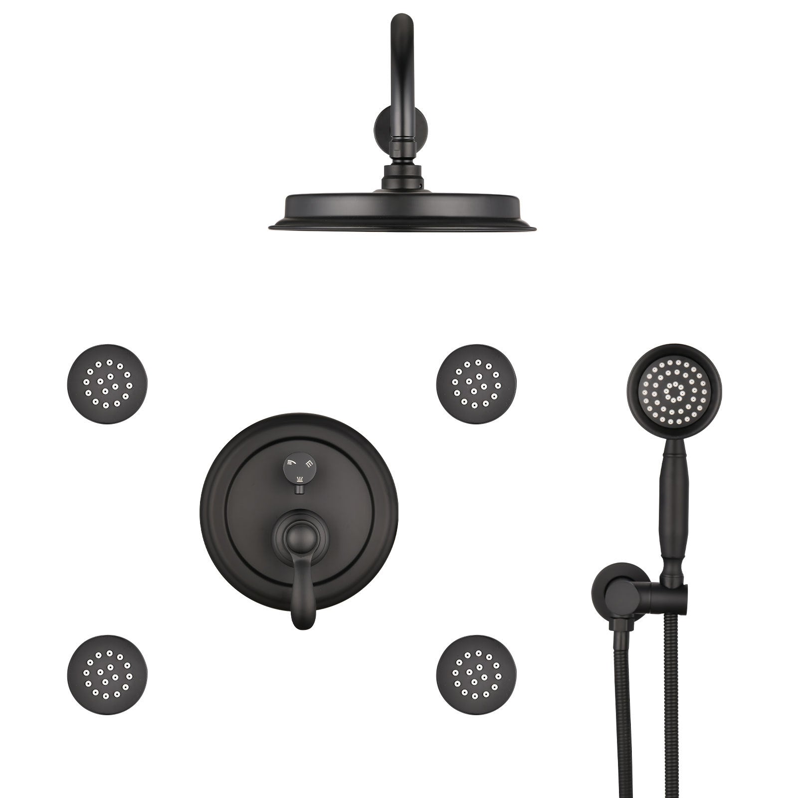 Single Handle 4 Spray Patterns Bathroom Rain Shower Faucet With Body Jet Handshower In Matte Black Valve Included Matte Black Brass