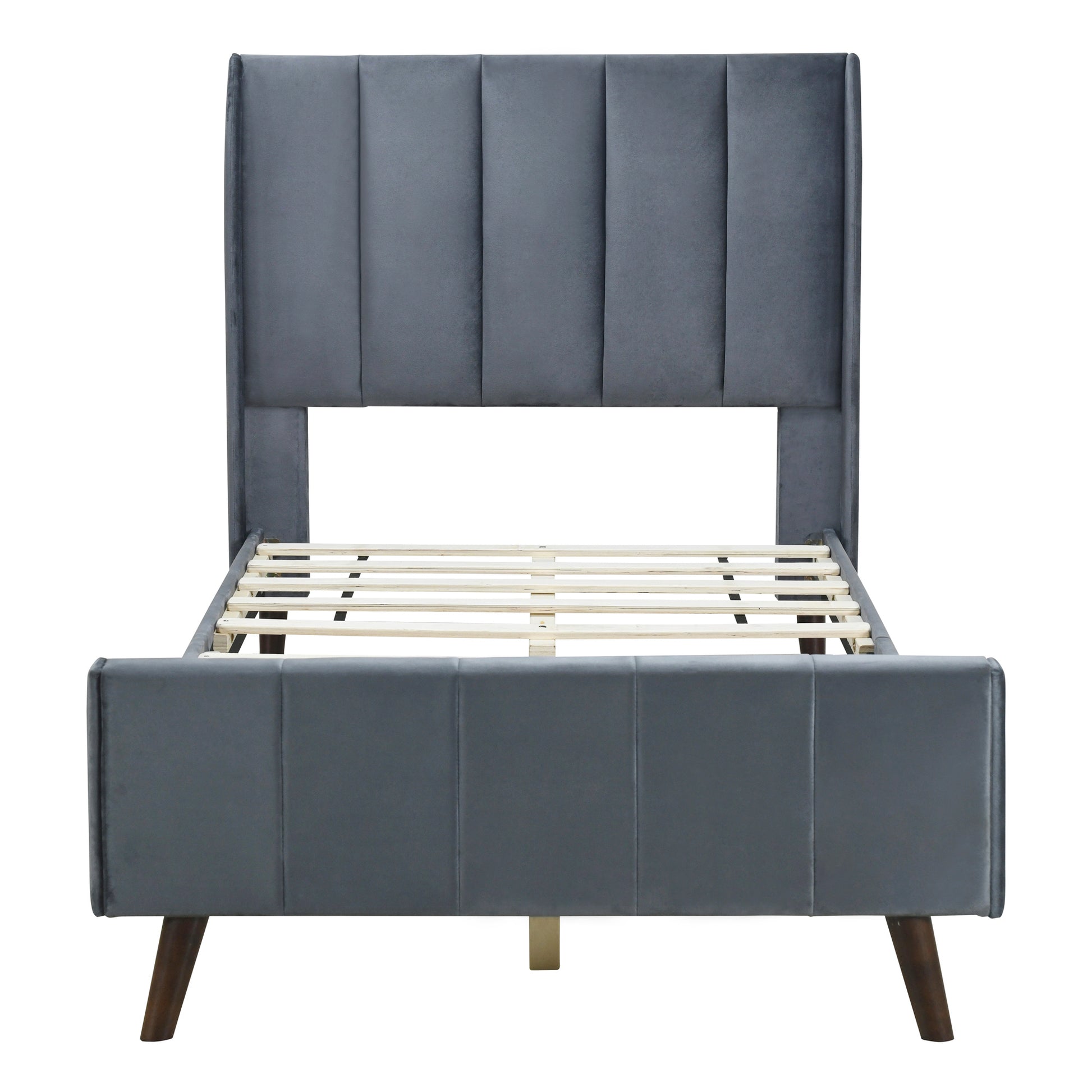 Twin Size Upholstered Platform Bed, Velvet, Gray Gray Upholstered