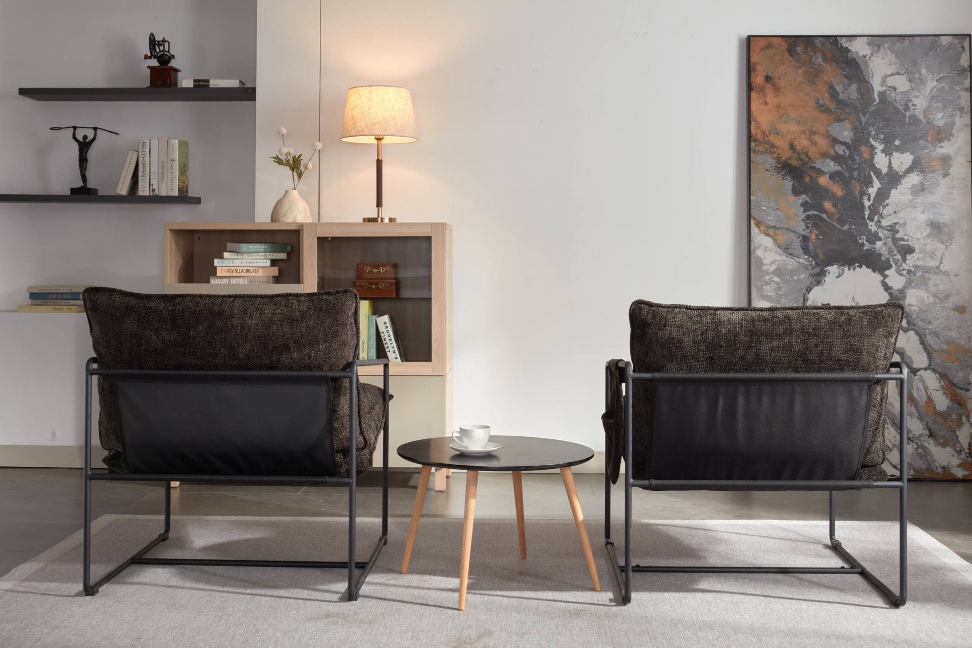 2 Chairs In 1 Box, Upholstered Hanging Armchair With Arm Pocket Metal Frame, Crushed Foam Cushions And Skin Friendly Braid For Living Room And Bedroom. Dark Gray Dark Grey Metal
