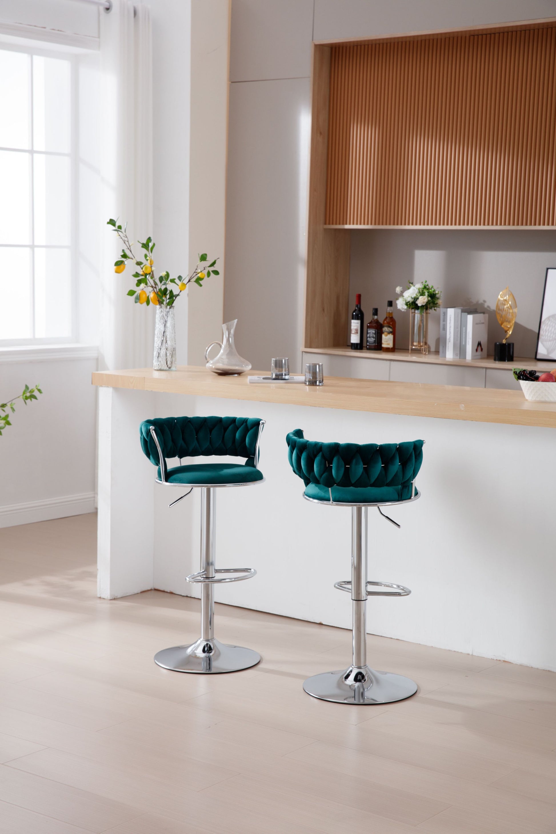 Set Of 2 Bar Stools,With Chrome Footrest And Base Swivel Height Adjustable Mechanical Lifting Velvet Bar Stool Green Black Foam Fabric