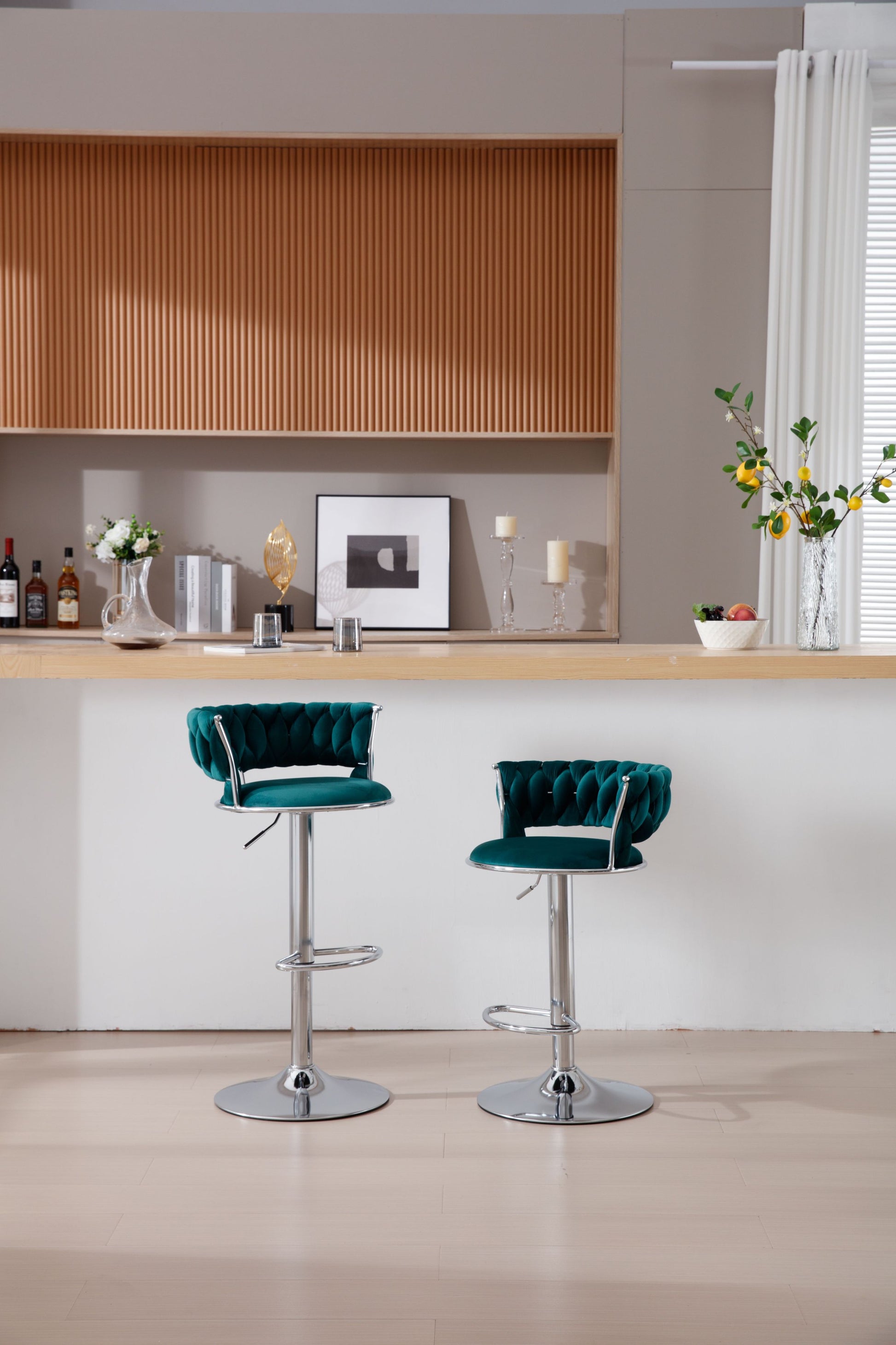 Set Of 2 Bar Stools,With Chrome Footrest And Base Swivel Height Adjustable Mechanical Lifting Velvet Bar Stool Green Black Foam Fabric