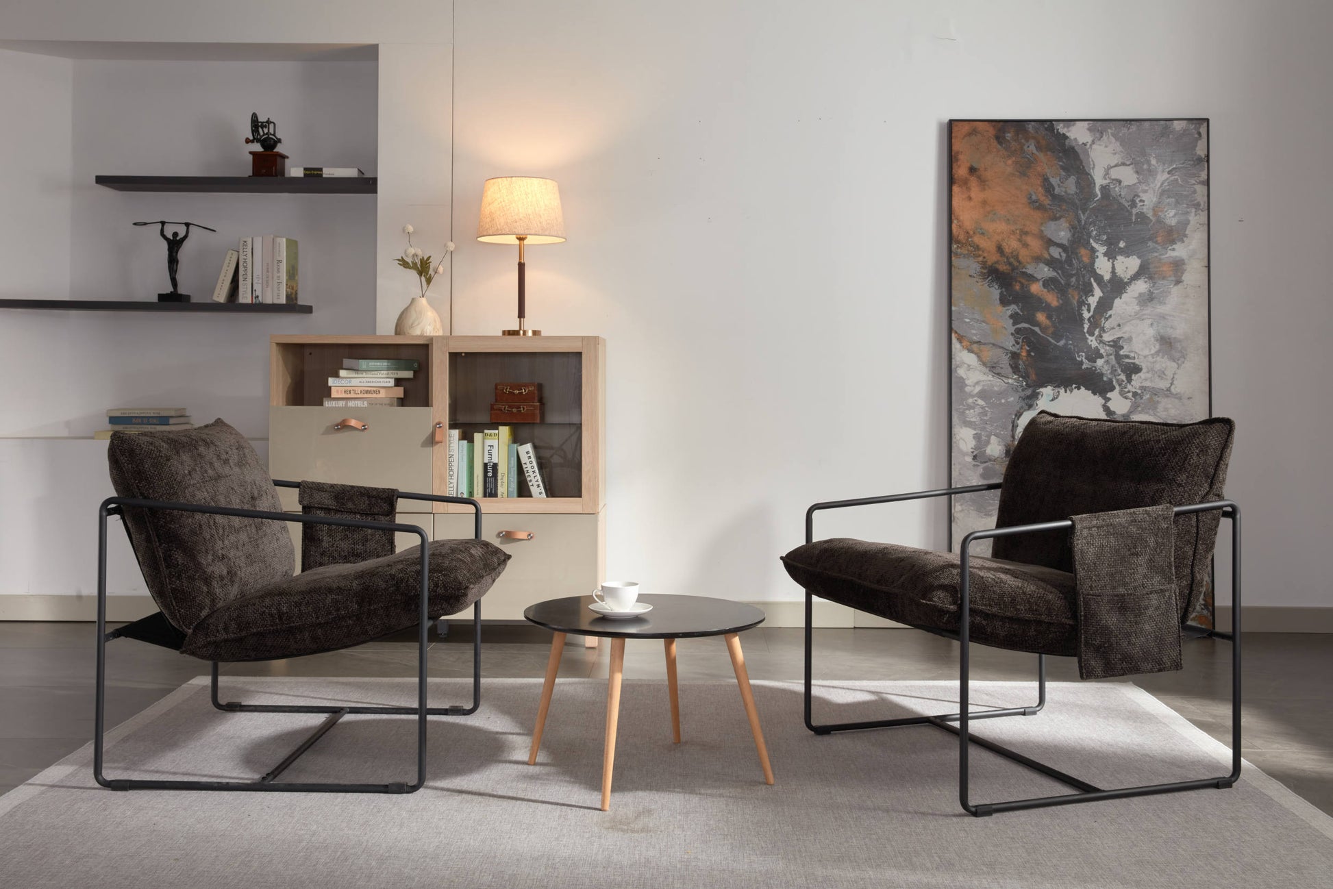 2 Chairs In 1 Box, Upholstered Hanging Armchair With Arm Pocket Metal Frame, Crushed Foam Cushions And Skin Friendly Braid For Living Room And Bedroom. Dark Gray Dark Grey Metal