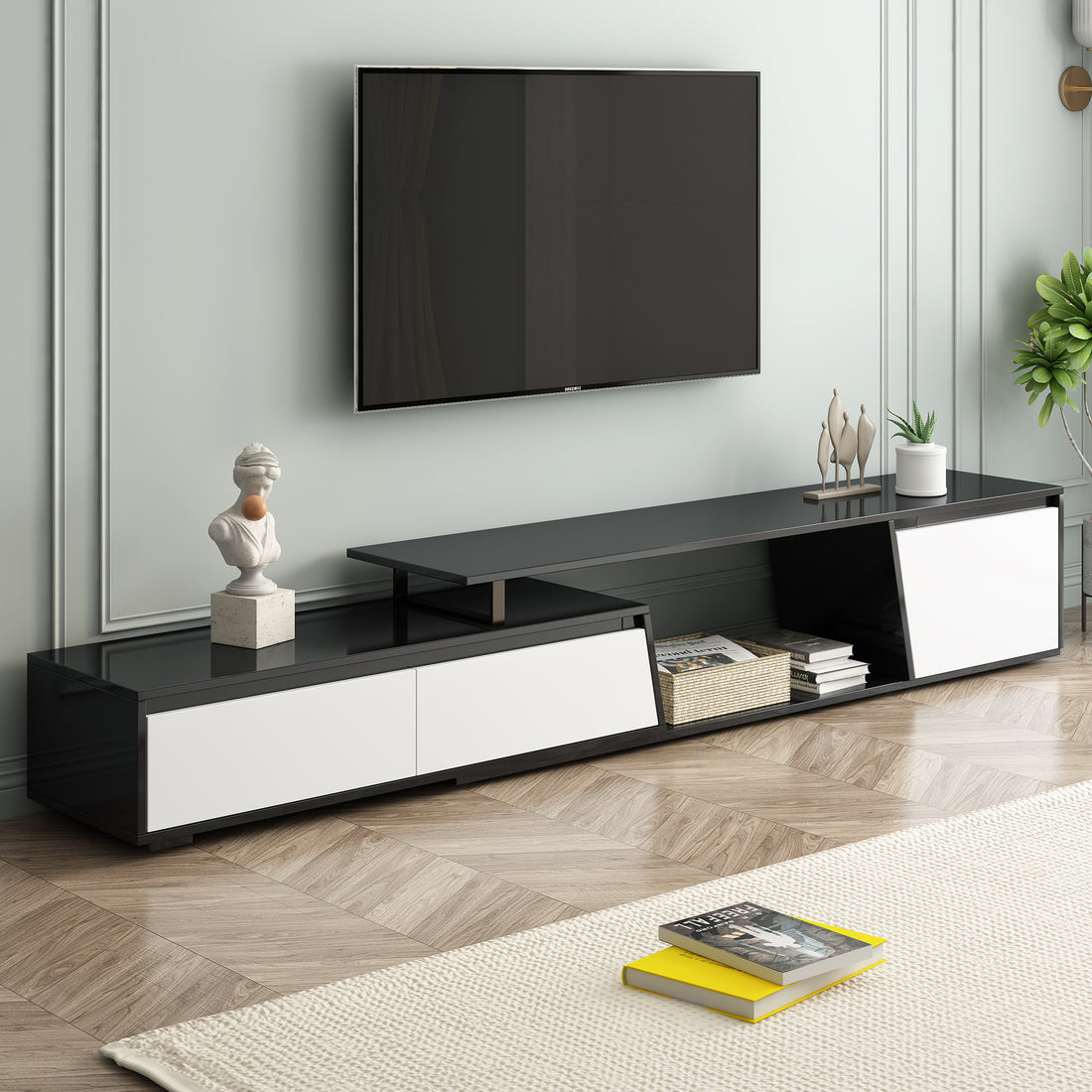 Modern, Minimalist Rectangle Extendable Tv Stand, Tv Cabinet With 2 Drawers And 1 Cabinet For Living Room, Up To 100'' Black Particle Board