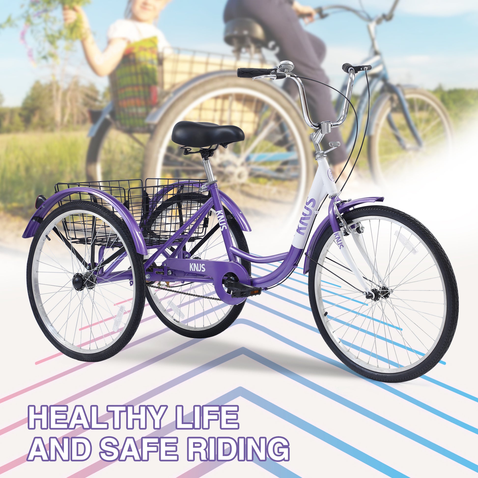 Adult Tricycle Trikes,3 Wheel Bikes,24 Inch Wheels Cruiser Bicycles With Large Shopping Basket For Women And Men Purple Steel