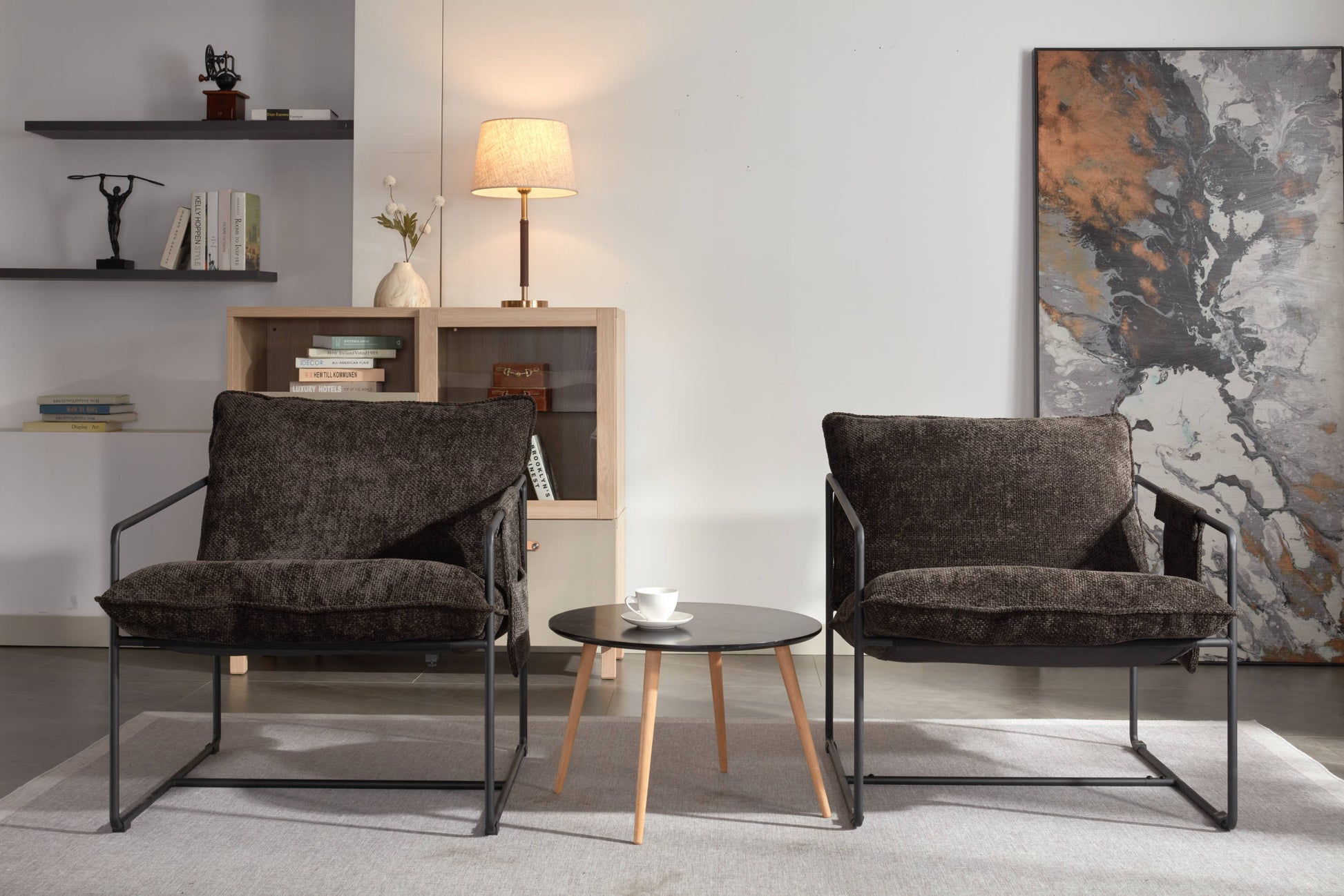 2 Chairs In 1 Box, Upholstered Hanging Armchair With Arm Pocket Metal Frame, Crushed Foam Cushions And Skin Friendly Braid For Living Room And Bedroom. Dark Gray Dark Grey Metal