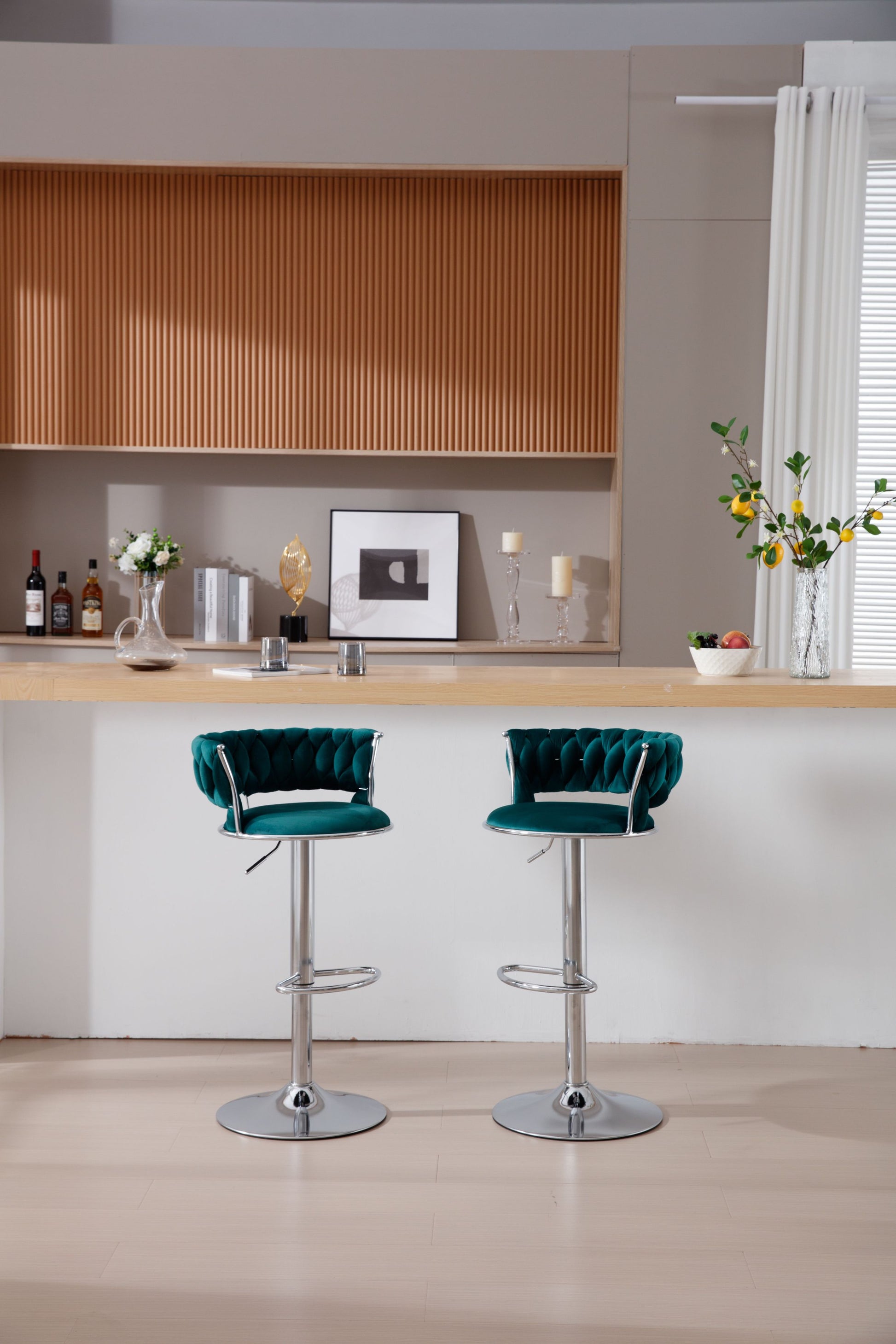 Set Of 2 Bar Stools,With Chrome Footrest And Base Swivel Height Adjustable Mechanical Lifting Velvet Bar Stool Green Black Foam Fabric