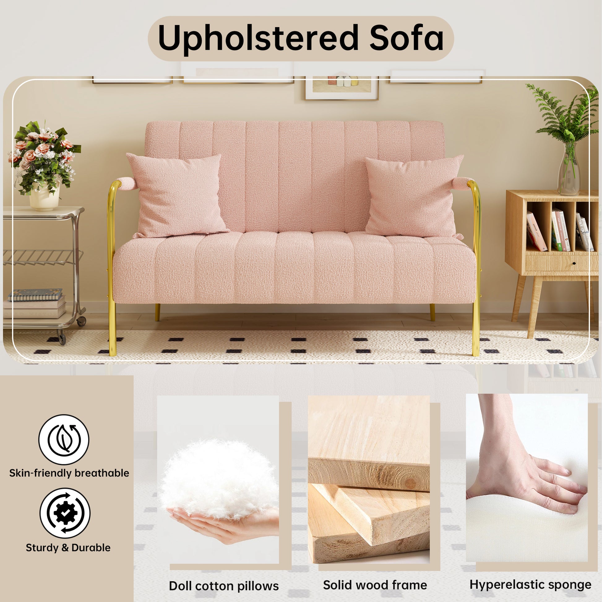 59Inch Pink Teddy Fleecesof, Two Throw Pillows, Suitable For Living Room, Apartment, Home Office Pink Fabric 2 Seat